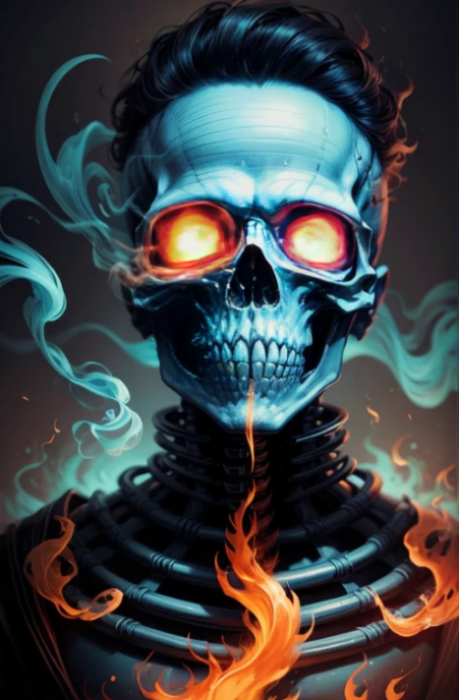 a painting of a skeleton smoking a cigarette, digital art, by Dan Mumford, behance contest winner, psychedelic art, dress made of fire, cyan and orange palette. vivid, andrew tate, his head a skull, burning clouds, woman made of black flames, popular on behance, fractal insane, portrait of professor sinister, bright blue future, icon for an ai app