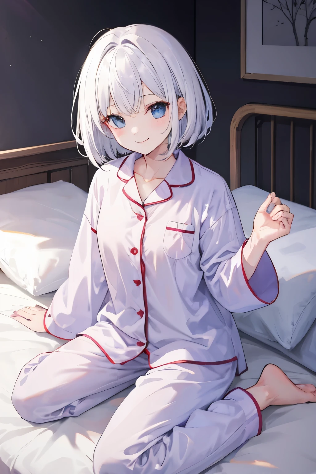 girl with、white  hair、bob、piece。Smile slightly、s Pajamas