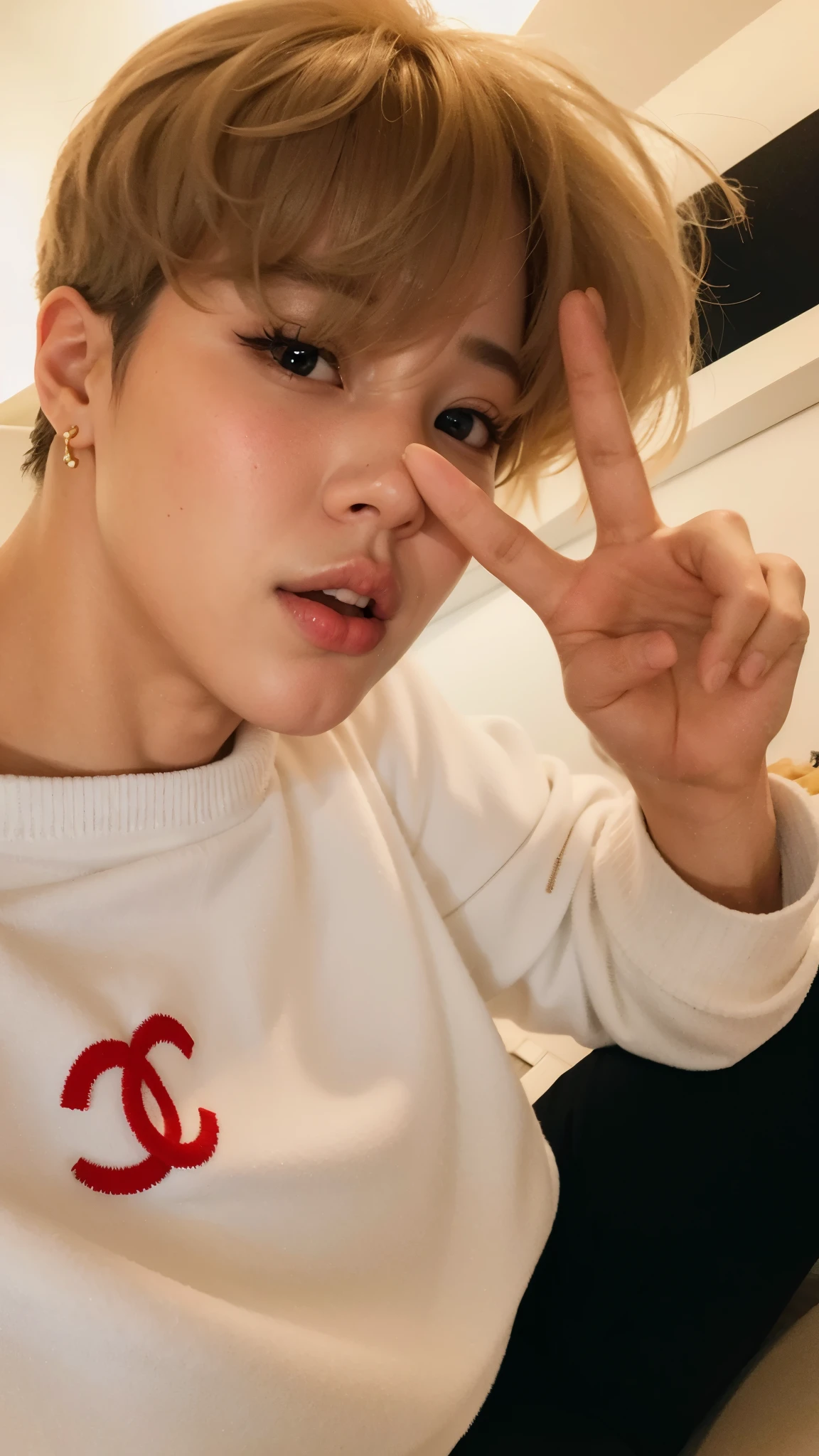 park jimin in a white sweater and an earring, park Jimin, Jimin\Plump lips, Jimin, Jimin\Nariz grego, Jimin\'s right eyelid swollen, accurate Jimin face, park jimin face, labios rechonchudos, melhor qualidade, HD, jimin face