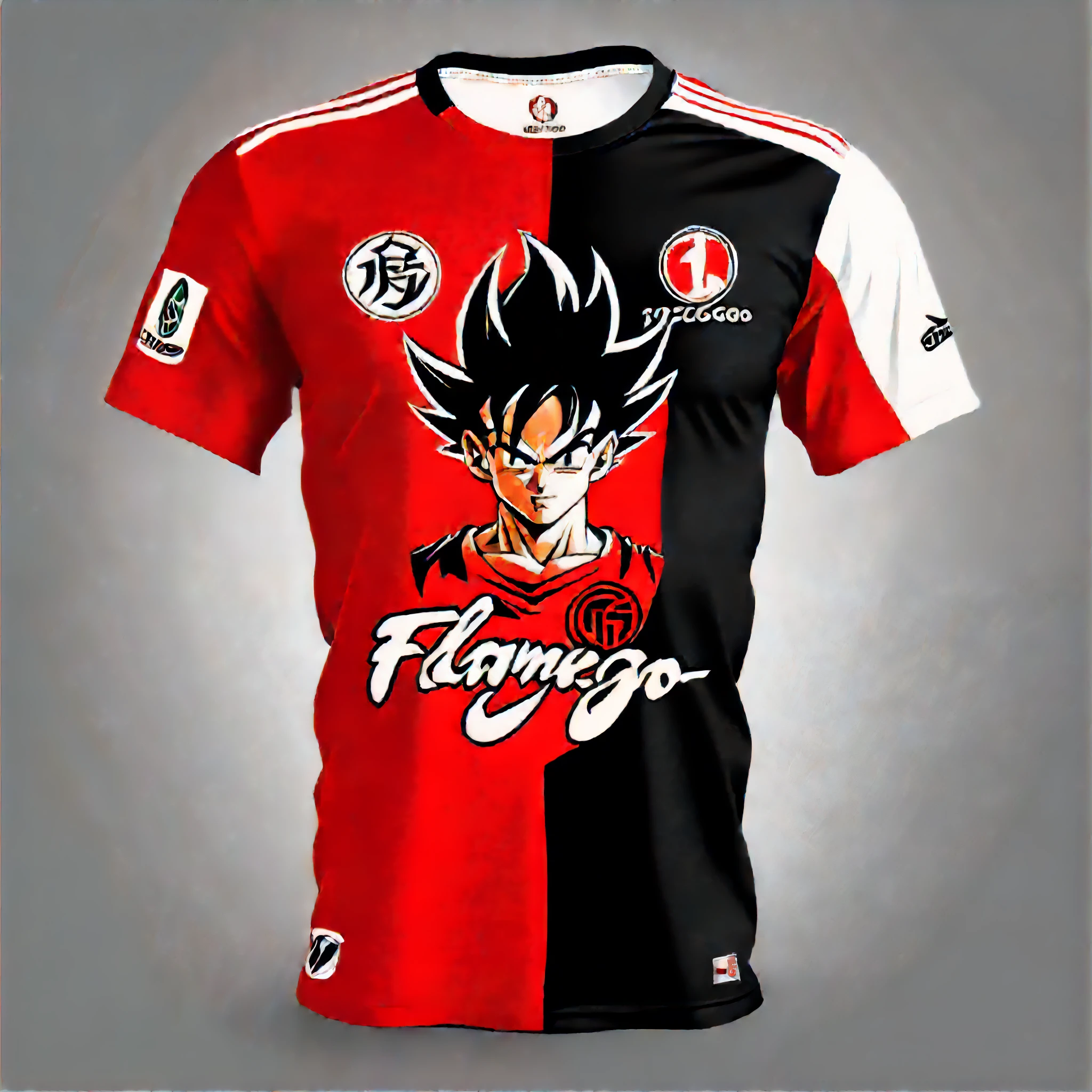 (icon),(Goku),(red and black vertical dressing t-shirt Brazilian soccer team "flamengo" with high detail),(digital ART),(masterpiece),(more detailed)