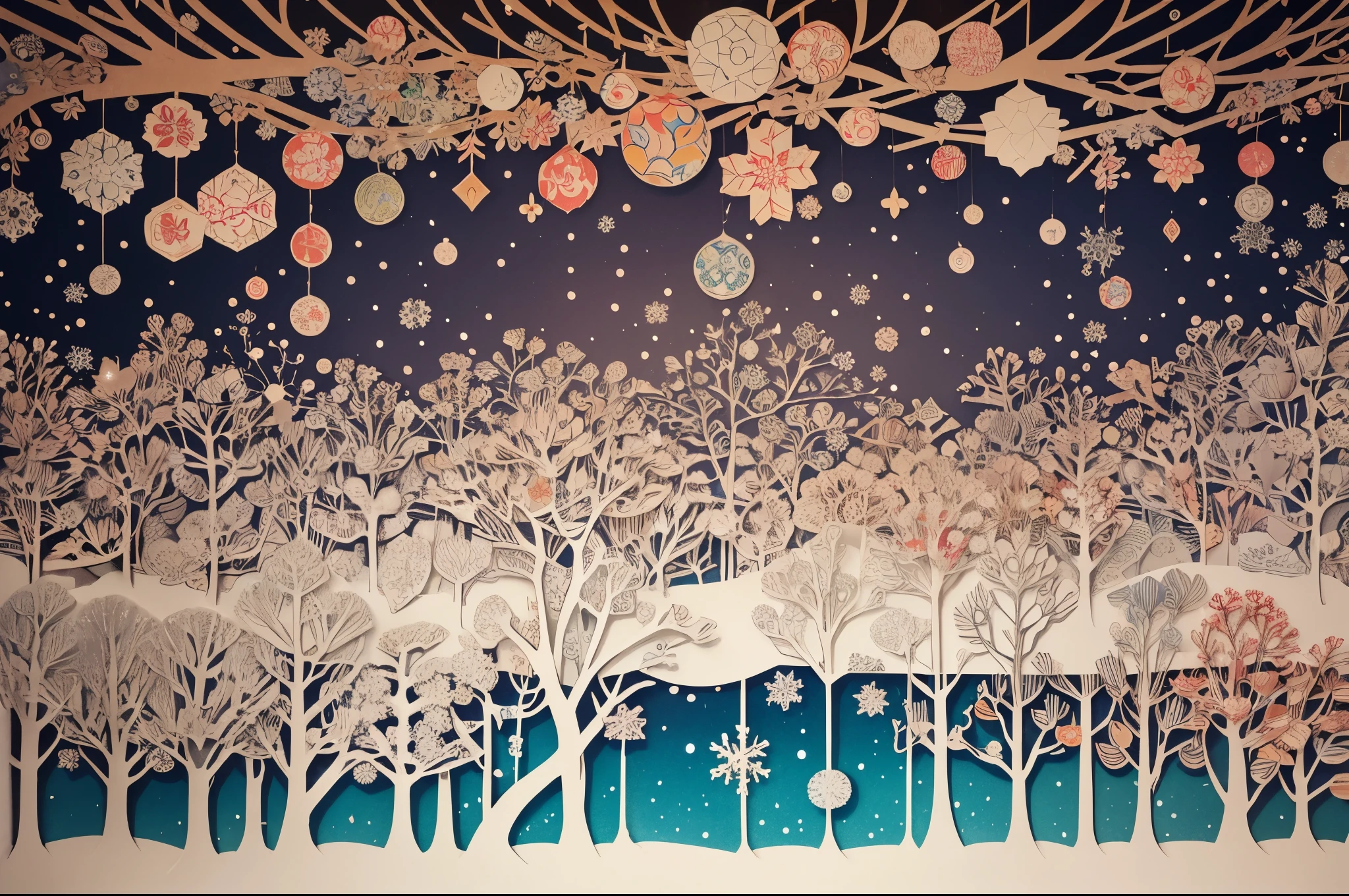 Multi Layered paper cut, paper art, colourful image, a magic forest with falling kirigani snowflakes, highly detailed, japanese art inspired, Laurel Burch influence.