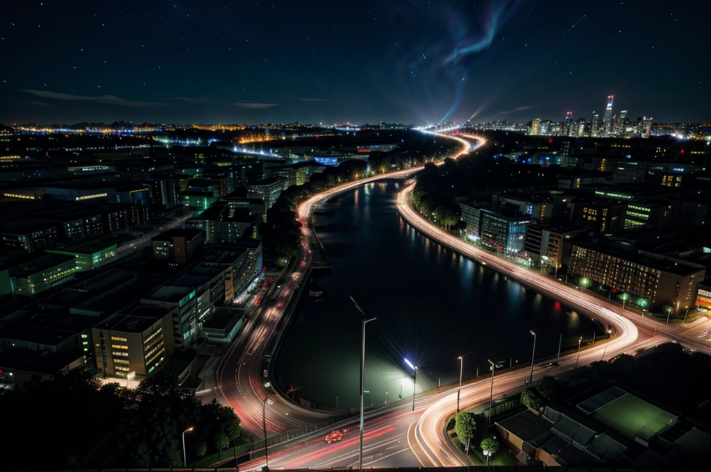 best quality,4k,8k,highres,masterpiece:1.2,ultra-detailed,realistic:1.37,city night view,urban landscape,night lights,tall buildings,glowing windows,dark alleys,reflection on wet pavement,hustle and bustle,traffic,neon signs,foggy atmosphere,skyscrapers,moonlit sky,shadows and silhouettes,street lamps,car trails,starlit city,metropolis,vibrant colors,bokeh