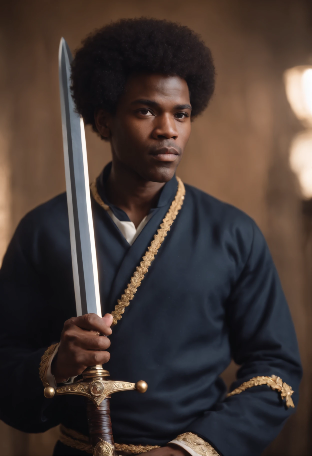 A black male aged with Afro hair 19 wearing 5 star general the navy holding a sword