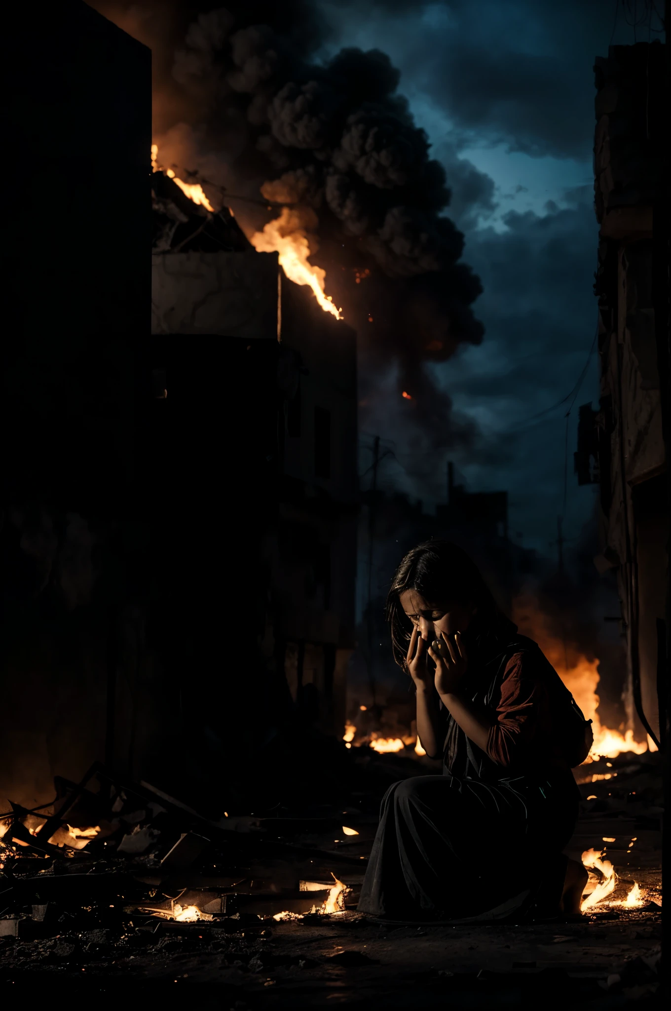 Ciudad Palestina destruida, fuego, incendio, humo negro, ciudad de Gaza, escombros con fuego, child kneeling crying, Tears in her eyes, rostro con dolor, rostro detallado, ropa con colores palestinos, bandera Palestina en el suelo, tono oscuro, Melancholic tone, durante la noche, marcas de misiles en el cielo, hiperrealista, 8k