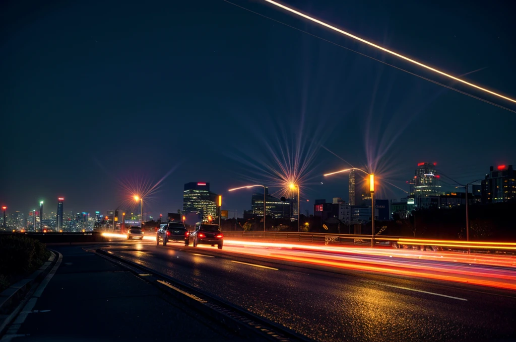 best quality,4k,8k,highres,masterpiece:1.2,ultra-detailed,realistic:1.37,city night view,urban landscape,night lights,tall buildings,glowing windows,dark alleys,reflection on wet pavement,hustle and bustle,traffic,neon signs,foggy atmosphere,skyscrapers,moonlit sky,shadows and silhouettes,street lamps,car trails,starlit city,metropolis,vibrant colors,bokeh