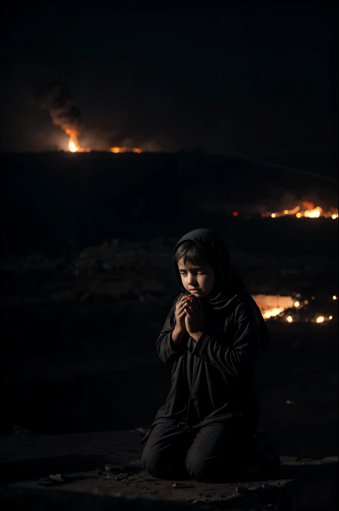 Ciudad Palestina destruida, fuego, incendio, humo negro, ciudad de Gaza, escombros con fuego, child kneeling crying, Tears in her eyes, rostro con dolor, rostro detallado, ropa con colores palestinos, bandera Palestina en el suelo, tono oscuro, Melancholic tone, durante la noche, marcas de misiles en el cielo, hiperrealista, 8k