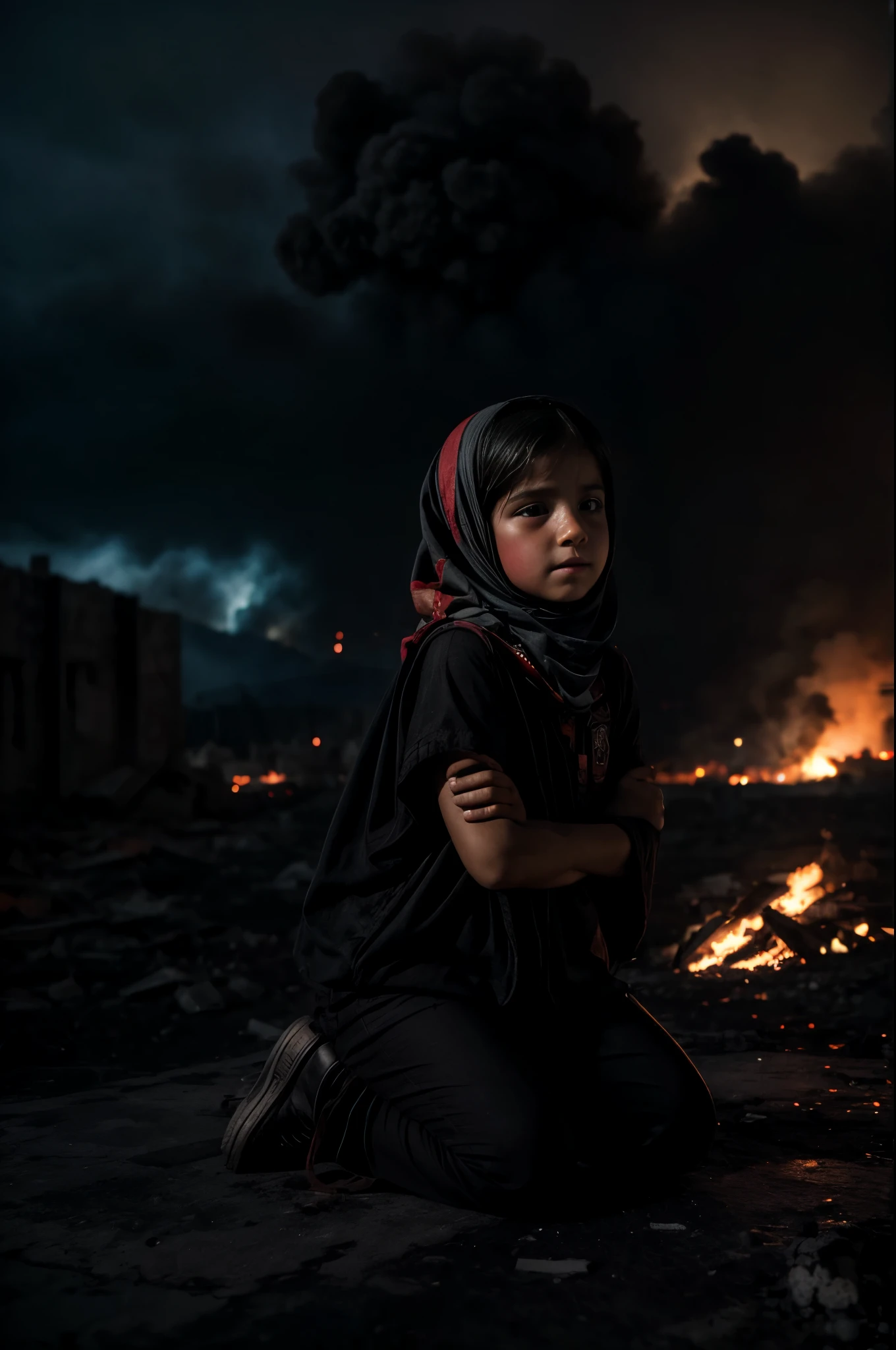 Ciudad Palestina destruida, fuego, incendio, humo negro, ciudad de Gaza, escombros con fuego, child kneeling crying, Tears in her eyes, rostro con dolor, rostro detallado, ropa con colores palestinos, bandera Palestina en el suelo, tono oscuro, Melancholic tone, durante la noche, marcas de misiles en el cielo, hiperrealista, 8k