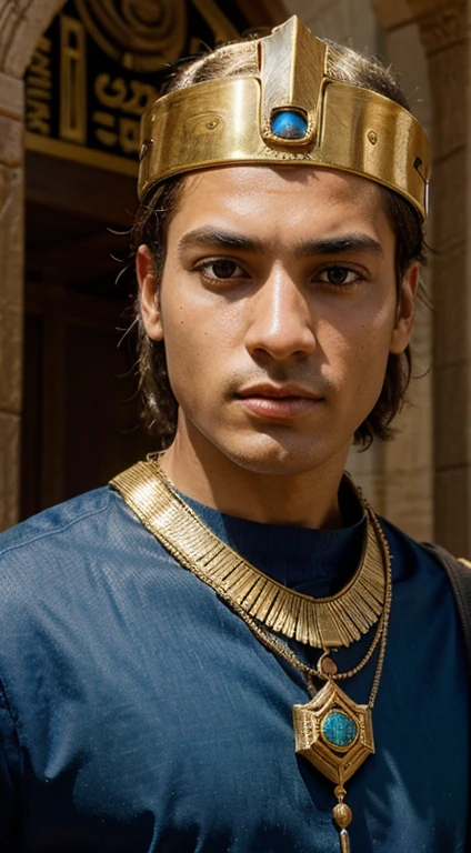 high definition image that represents Joseph of Egypt in a majestic and authentic way. Imagine a portrait that highlights Joseph's nobility, with realistic details and a facial expression that conveys wisdom and leadership. Be sure to include elements characteristic of Egyptian culture at the time, such as traditional costumes and relevant symbols. Lighting should be soft, highlighting facial features and providing an environment that evokes the grandeur of Ancient Egypt. Also consider adding symbolic elements that represent the story of Joseph, such as a colorful tunic or elements associated with your journey. Image resolution must be at least 3000x4000 pixels to ensure clear, detailed quality. Feel free to add any details you feel are relevant to the visual representation of Joseph of Egypt.