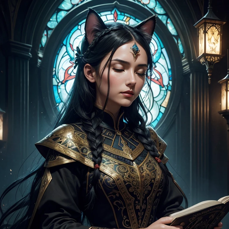 Big cute cat eyes cat ears braided hair woman Cat eyes cat...
mail art, fantasy, fairy tale, detailed splattered paint, dynamic poster, comic style art, black colors, praying saint, closed eyes, front point of view, perfect beauty, light from above, detailed face, bust, dress, red lips are full, long cream hairstyle, big bust, anime, mysterious, (background: on the front altar), calm expression, mysterious and dynamic pose, light on the face, play of shadows, perfect face, perfect and clear eyes, by James Jean, Craola, Andy Kehoe, Dorian Vallejo, Damian Lechoszest, Todd Lockwood, patchwork, stained glass, storybook illustration, beautiful unusual highly detailed, intricate pose, intricate, masterpiece of small details, high quality, intricate lighting , luminism,
Artgerm,
Greg Rutkowski,
Afonso Mucha,
