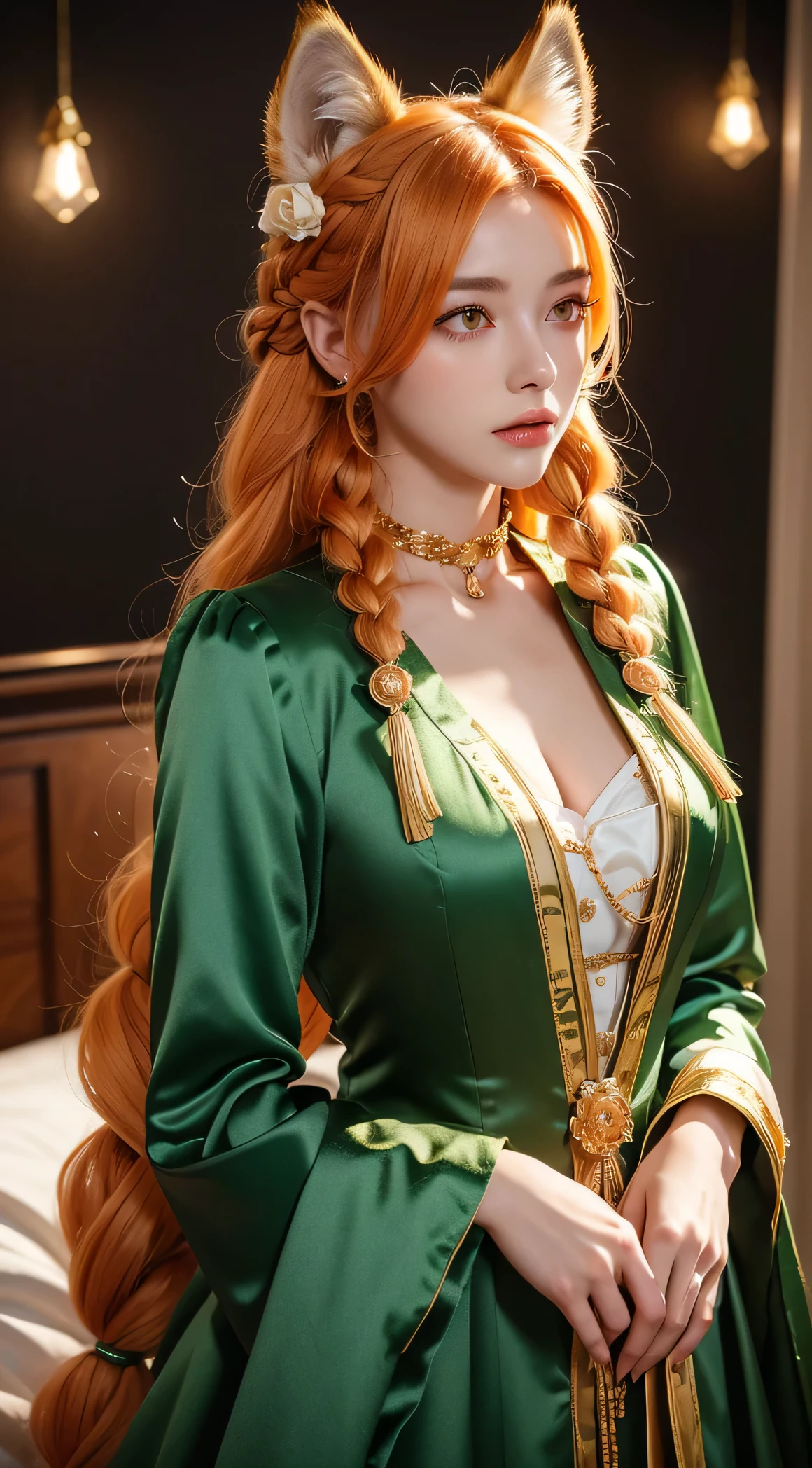 The Wolf Girl, orange hair with white rose braids, Yellow eyes, wolf ears on the head, dressed in a satin emerald dress with many buttons.., stand-up collar, gold pendants with chains on the chest, Hairstyle from hair, graceful, overdetalization, Masterpiece, hyper realisitc, 4k? Full HD