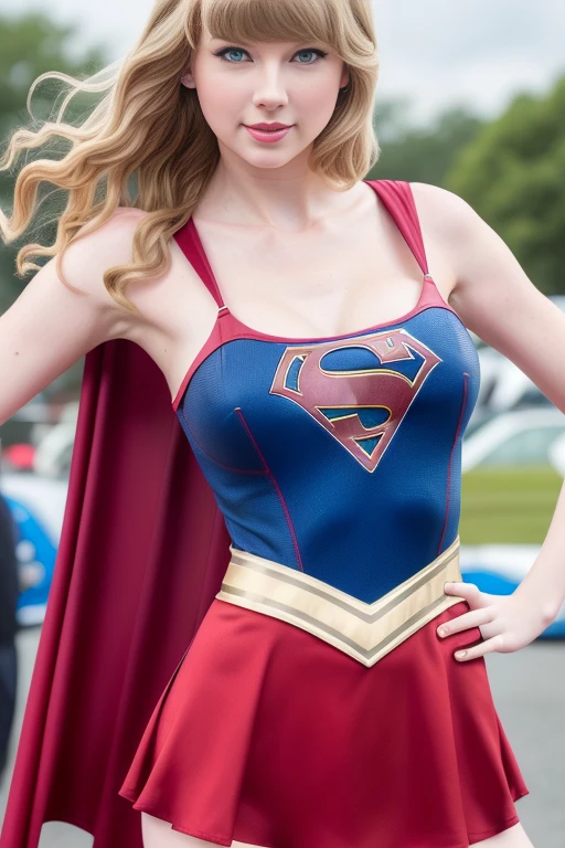 ((high resolution)), ((pale skin)), freckled, Taylor Swift, blushing cheeks, wavy hair, smiling, large breasts, sexy Supergirl | lewd | exposed | full frontal