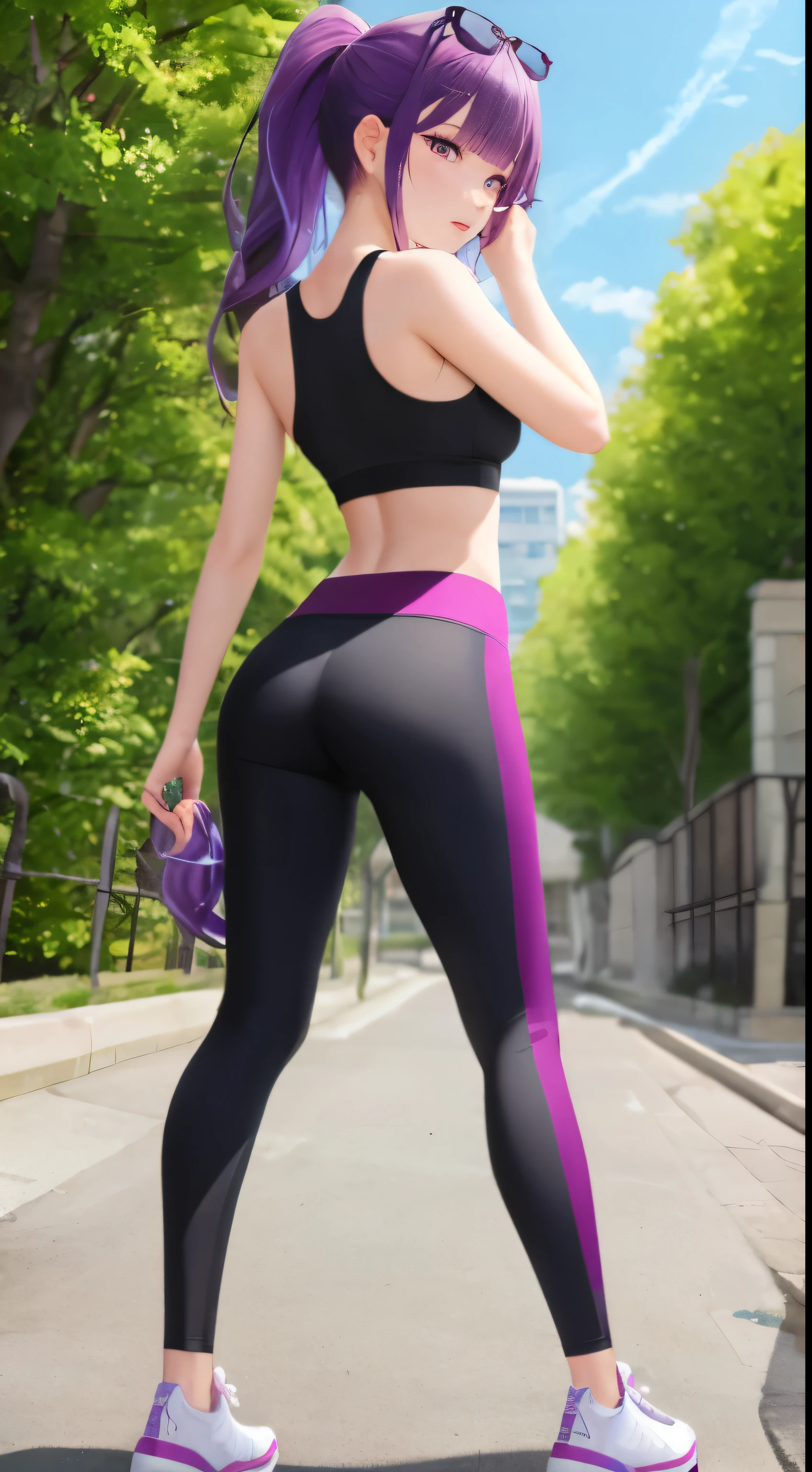 (masterpiece, best quality), high quality, absurdres, highres, ultra detailed, intricate, beautiful woman, 1girl, kafka \(honkai: star rail\), star-kafka, looking at viewer, from behind, looking back, ass, toned, sports bra, leggings, high-waist pants, yoga pants, ponytail, purple hair, purple eyes, sunglasses, hair between eyes, eyewear on head, outdoors,