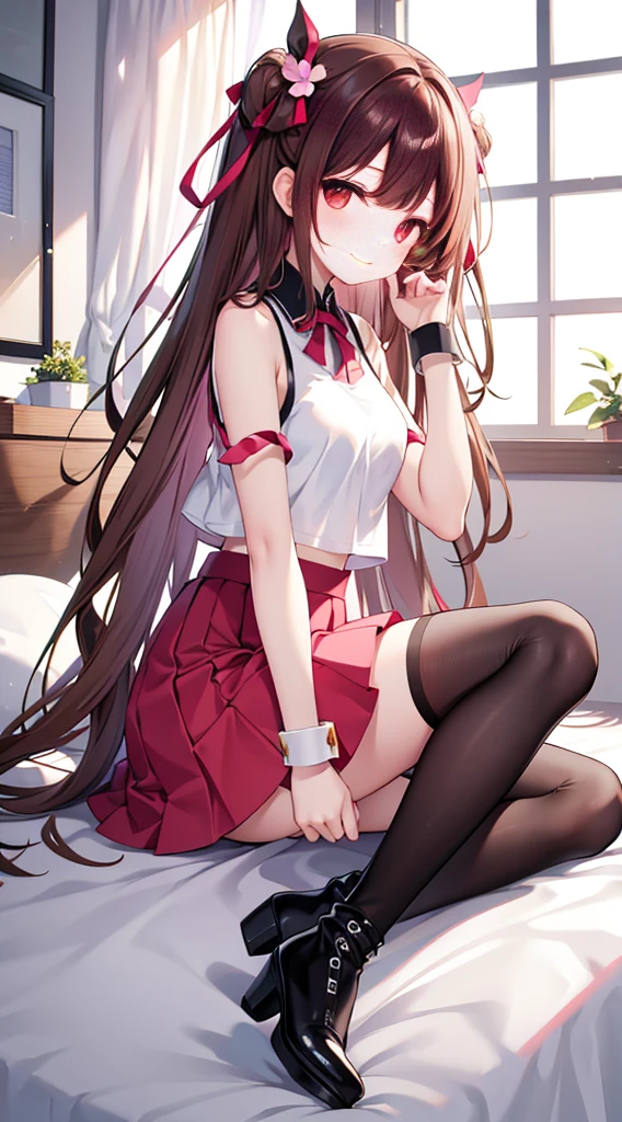 masterpiece, best quality,shiny,chromatic aberration abuse,pastel color,full body,
1girl,solo, aoisan,red eyes,brown hair,smile,long hair,
indoors,bedroom,sitting,from side,
sleeveless shirt, layered shirt, layered skirt, crop top, wrist cuffs,gradient legwear, red thighhighs,high heels, boots,hair flower, ribbon,