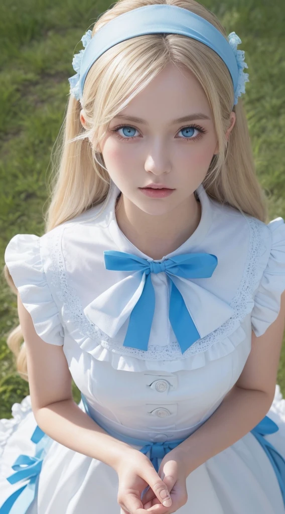 masutepiece, Best Quality, Illustration, Ultra-detailed, finely detail, hight resolution, 8K Wallpaper, Very beautiful platinum blonde super long hair、Very big shining light blue eyes、Perfect dynamic composition, ((close up:1.3, From above, look at viewr)), Beautiful detailed bright light blue eyes , (Wearing a cotton maid costume, , Cute Frill Girl Dresses, maid headband, White the、brack、Blue color base),