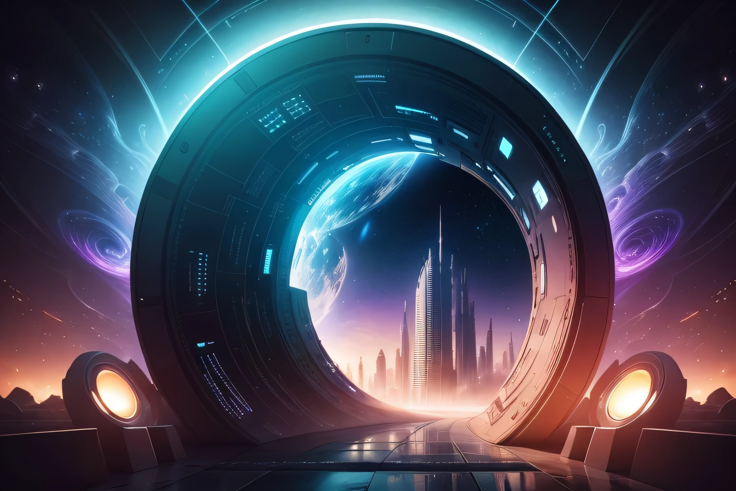 Ultra-realistic image of the view through a tunnel in space-time., remolinos y vislumbres de otros lugares y dimensiones, con una ciudad ultra futurista con cientos de rascacielos al fondo, Ilustraciones de psytrance, progressive rock album cover, beautiful avatar pictures, Criptomoneda en segundo plano, Entrar en el laberinto mental, Hermoso render de un cuento de hadas, creation