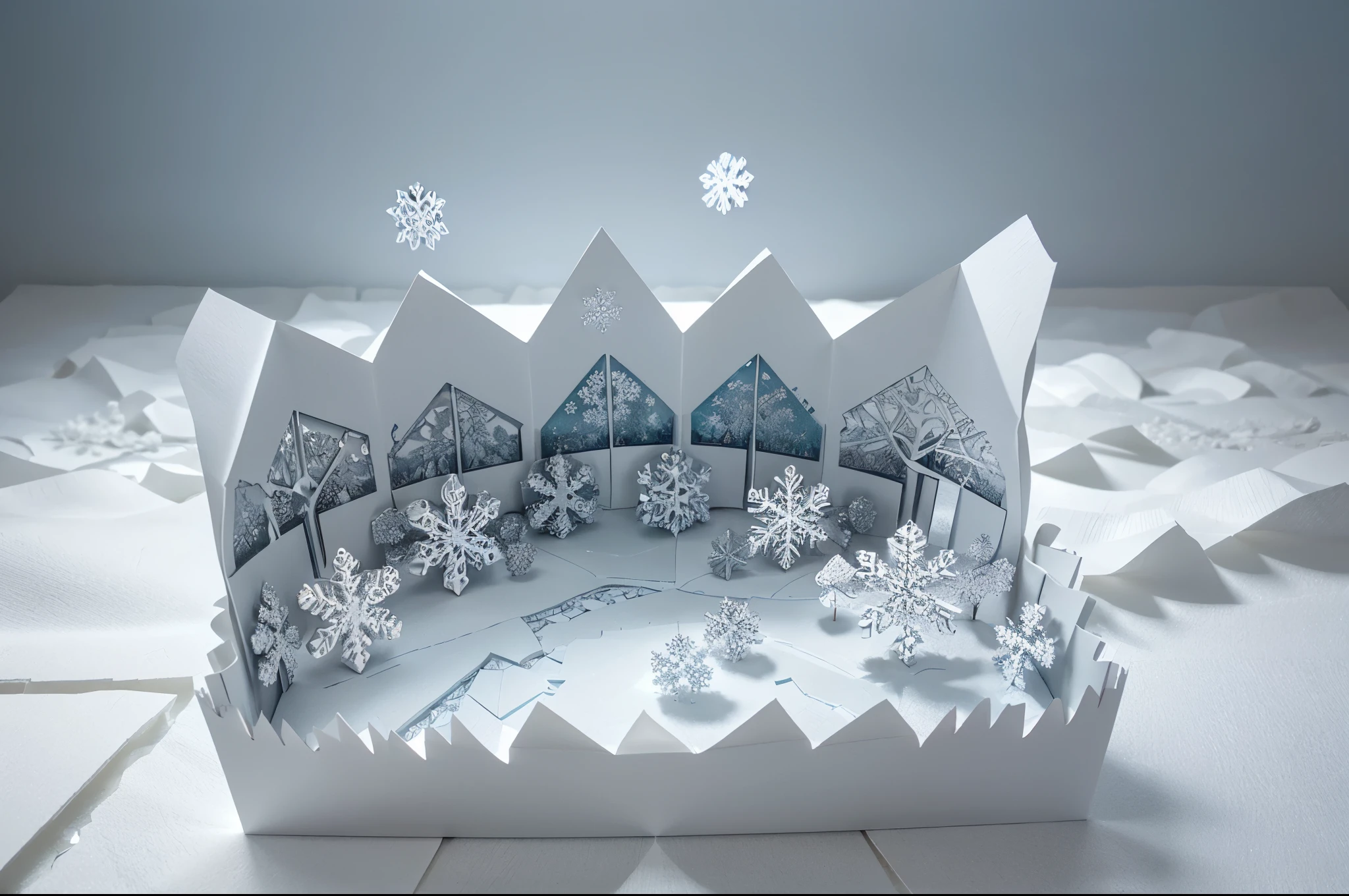 Multilayered paper cut landscape, 3d, isometric view, intrincate floating papercut snowflakes, highly delailed, mostly white, colourful nd silver touches