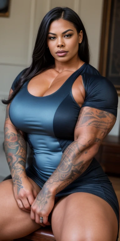 Covered in tattoos Old liz cambage, heavily muscled iffb pro female bodybuilder,masterpiece, best quality, 1girl, vpl, dressed in a sexy translucent side split dress, risque, smirk, biceps, leaning back in chair,