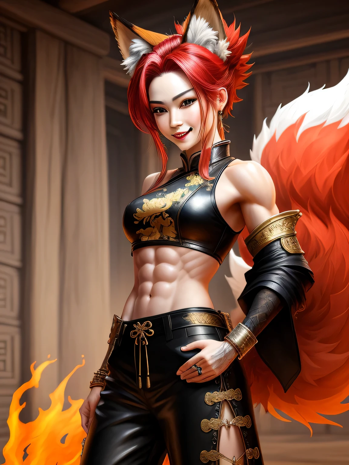 (masterpiece:1.3), 1 fox-girl, 3tails:1.4, fox tail, in an armoury, ancient china, bright red shoulder length hair, tomboy, tight pants, black and gold clothes, exposed midriff, abs, small fox ears, UHD, 4k, micro details, intricate, details, realistic, HDR, handsome, perky breasts, buff, muscular legs, showing off, exuberant, vicious grin, mid shot