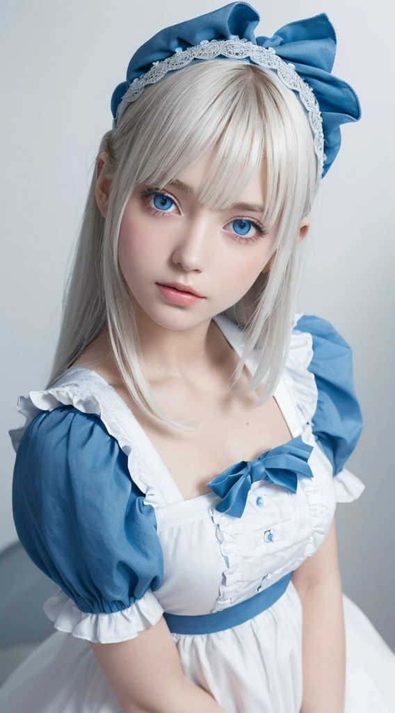 A beautiful girl with very beautiful platinum blonde eyes and bright light blue eyes.、masutepiece, Best Quality, Illustration, Ultra-detailed, finely detail, hight resolution, 8K Wallpaper, Very beautiful shiny super long hair、Very big shining light blue eyes、Perfect dynamic composition, ((close up:1.3, From above, look at viewr)), Beautiful detailed bright light blue eyes , (Wearing a cotton maid costume, , Cute Frill Girl Dresses, maid headband, White the、brack、Blue color base), hair over eyes、片hair over eyes、hair between eye、