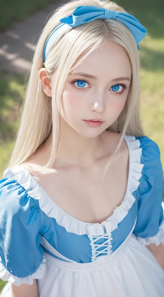 A beautiful girl with very beautiful platinum blonde eyes and bright light blue eyes.、masutepiece, Best Quality, Illustration, Ultra-detailed, finely detail, hight resolution, 8K Wallpaper, Very beautiful shiny super long hair、Very big shining light blue eyes、Perfect dynamic composition, ((close up:1.3, From above, look at viewr)), Beautiful detailed bright light blue eyes , (Wearing a cotton maid costume, , Cute Frill Girl Dresses, maid headband, White the、brack、Blue color base), hair over eyes、片hair over eyes、hair between eye、