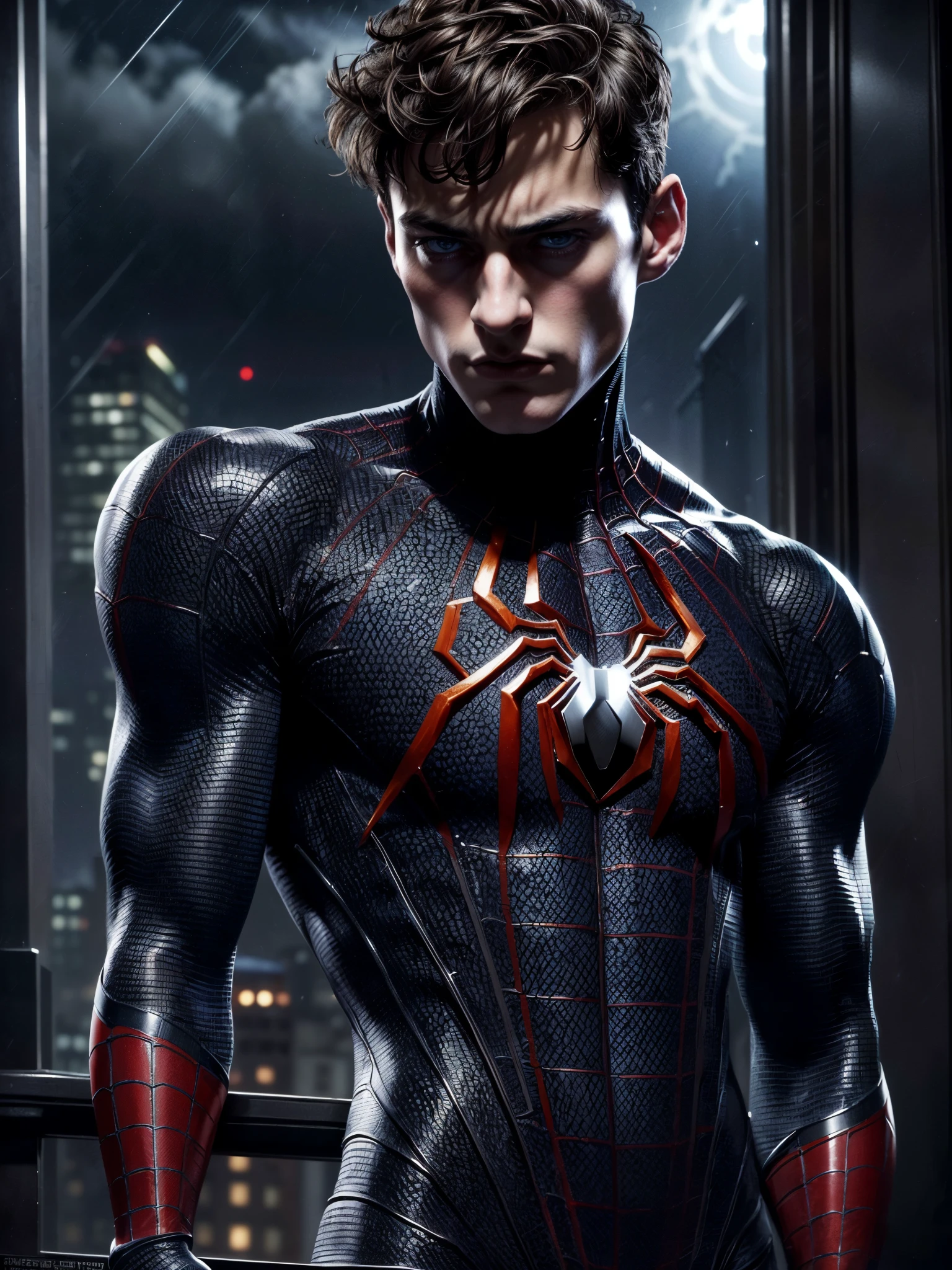 masterpiece, best quality, ultra-detailed, high resolution, extremely detailed, (full body shot:1.ortrait of a 18 year old of a masculine male model, strong jaw line, young handsome man square face shape, with a blue eyes, messy short dark hair, wavy hair, muscular, fit body, dark but detailed digital art, wearing a tight spider-man suit, tight fit spider man suit, spider man gloves, rooftop in NYC, detailed digital painting, detailed fanart, handsome guy slayer art, high detailed, digital painting, detailed portrait, inspired by Alexis Grimou, hyper detail portrait, dark atmosphere, (dark night:1.4),