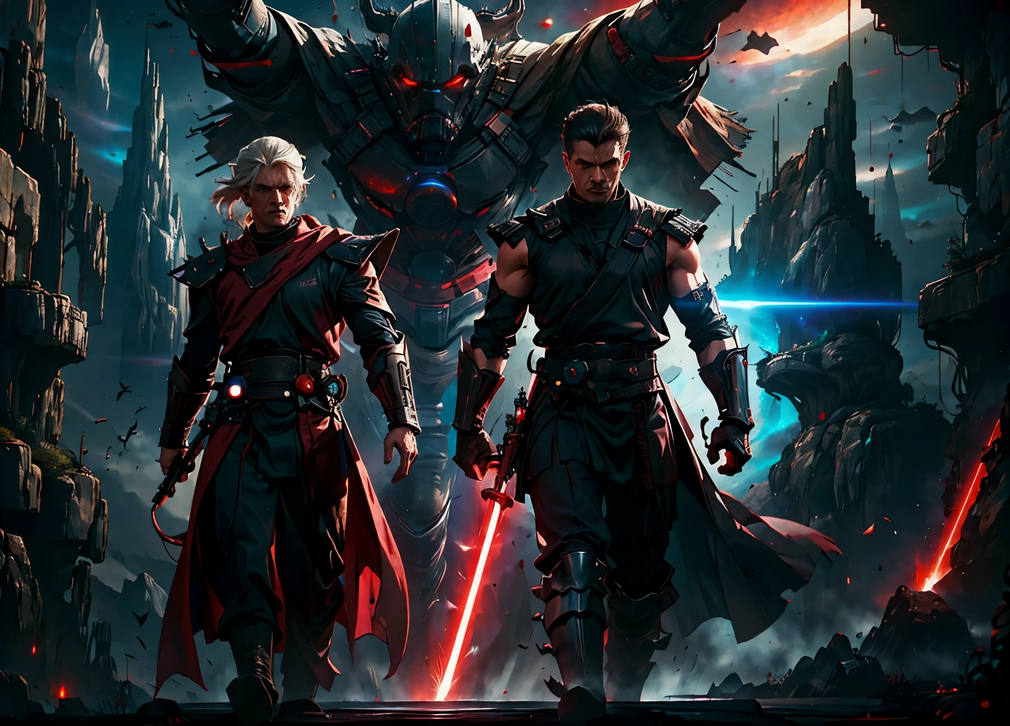 2 fierce young Jedi warriors, men, sith dark robes, red light sabers, ready for war, space opera, massive space ships, traces of the force around the men