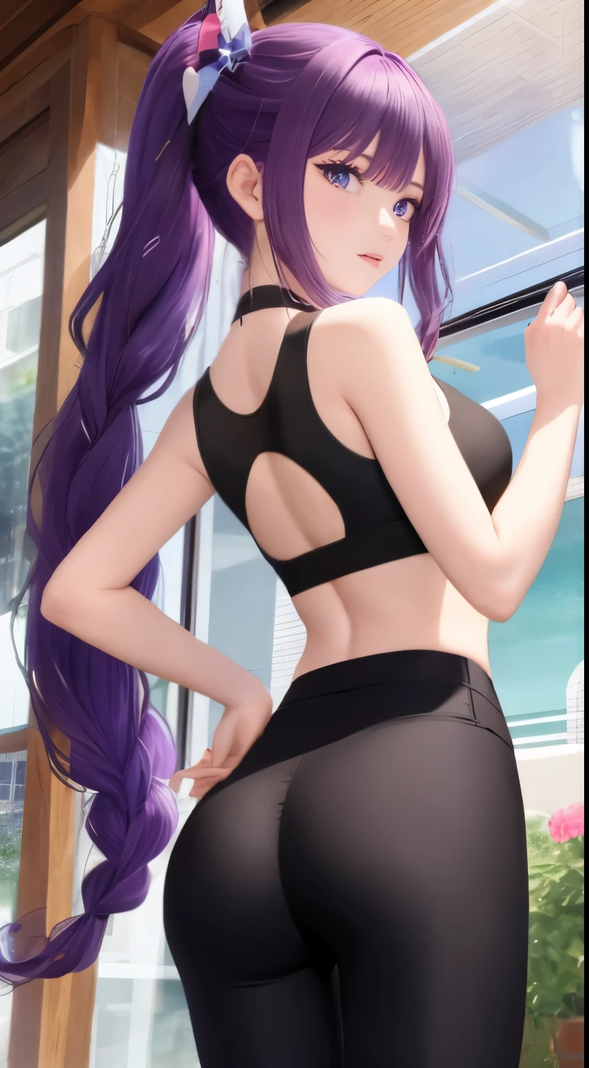 (masterpiece, best quality), high quality, absurdres, highres, ultra detailed, intricate, beautiful woman, 1girl, kafka \(honkai: star rail\), star-kafka, looking at viewer, from behind, looking back, ass, toned, sports bra, leggings, high-waist pants, yoga pants, ponytail, purple hair, purple eyes, sunglasses, hair between eyes, eyewear on head, outdoors,