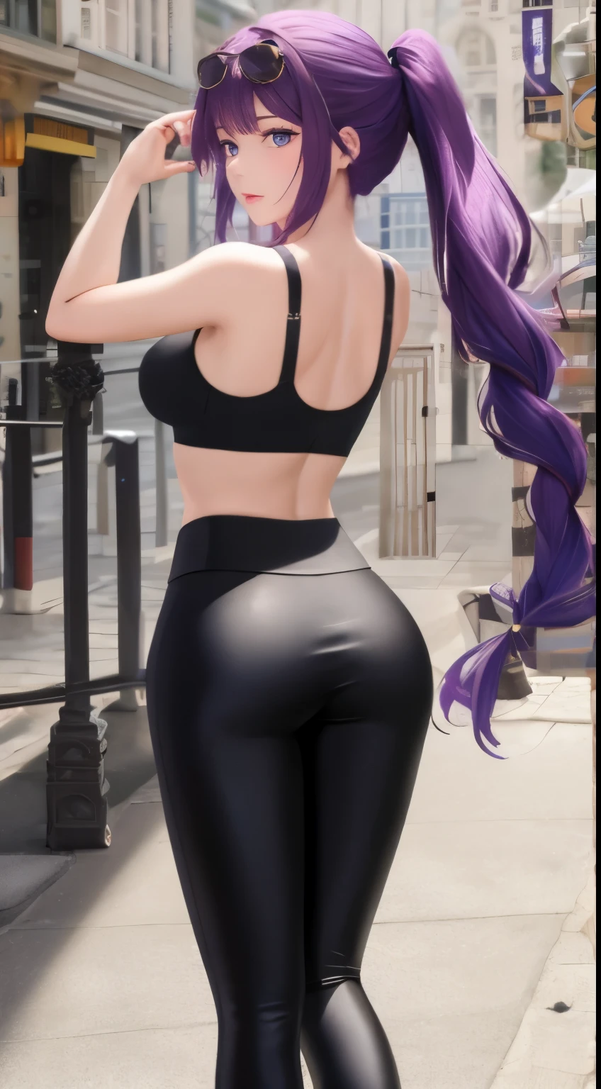 (masterpiece, best quality), high quality, absurdres, highres, ultra detailed, intricate, beautiful woman, 1girl, kafka \(honkai: star rail\), star-kafka, looking at viewer, from behind, looking back, ass, toned, sports bra, leggings, high-waist pants, yoga pants, ponytail, purple hair, purple eyes, sunglasses, hair between eyes, eyewear on head, outdoors,