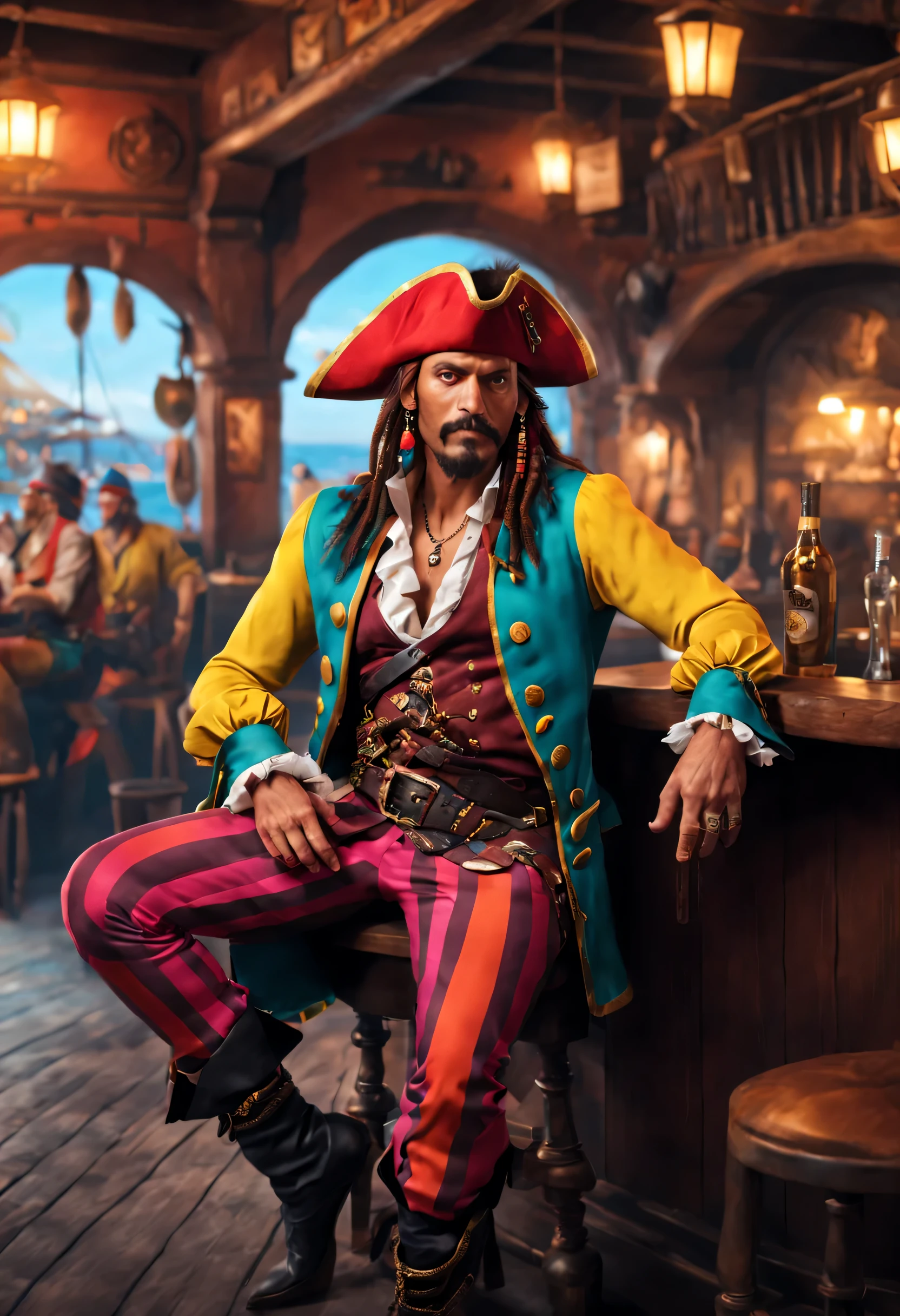 A pirate wearing very a colorful outfit and looking super stylish while sitting at a bar with his legs crossed (Best quality, 4k, Masterpiece :1.3)
