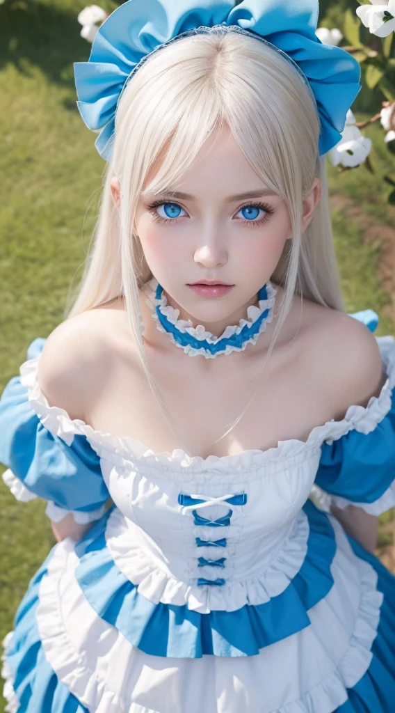 A beautiful girl with very beautiful platinum blonde hair and bright light blue eyes.、masutepiece, Best Quality, Illustration, Ultra-detailed, finely detail, hight resolution, 8K Wallpaper, Very beautiful shiny super long hair、Very big shining light blue eyes、Perfect dynamic composition, ((close up:1.3, From above, look at viewr)), Beautiful detailed bright light blue eyes , (Wearing a cotton maid costume, , Cute Frill Girl Dresses, maid headband, White the、brack、Blue color base), hair over eyes、片hair over eyes、hair between eye、