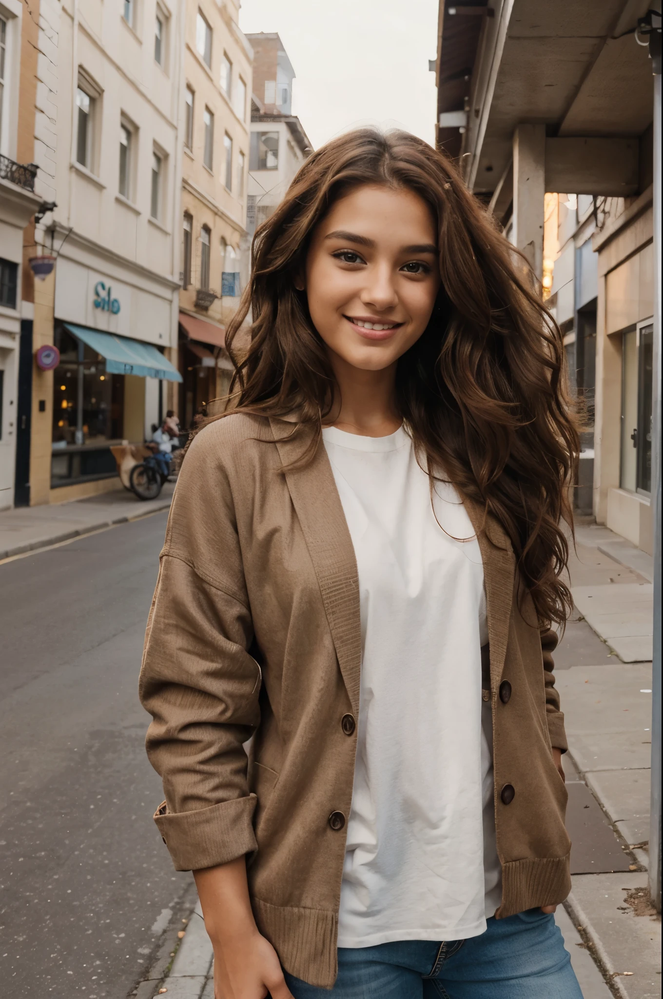 side pose of a brown 25 year old beautiful model, wearing trendy outfit, smiling and watching sky, long curly brown hairs, brown eyes, happy face, realistic photography