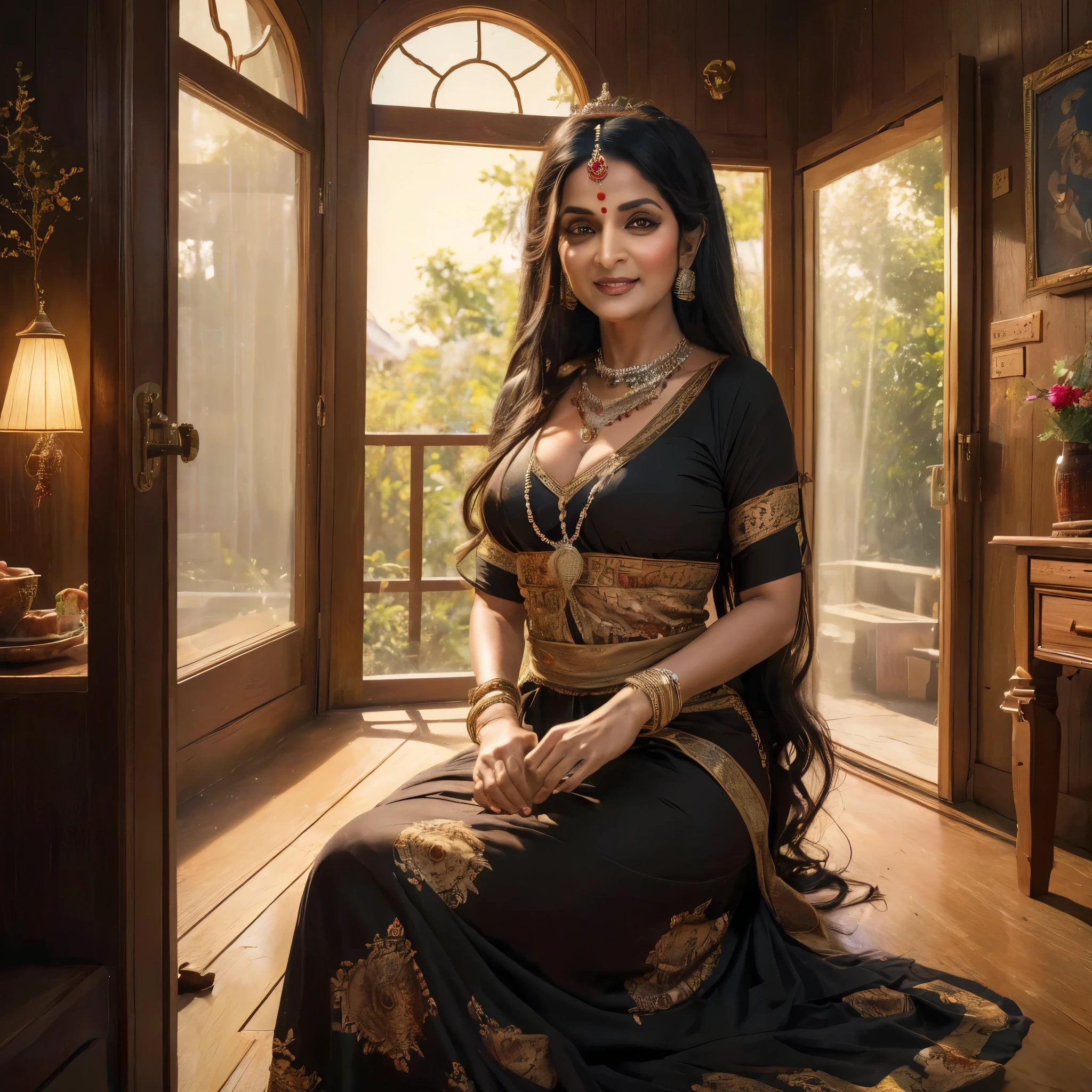 (best quality,4k,8k,highres,masterpiece:1.2),ultra-detailed, 1woman, Indian goddess Kali as middle aged housewife, long black hair, brown skin, In her 40's, wearing 1950's house dress, realhips, paricho, smiling at viewer, HDR, 8k, absurdres, cinestill 800, sharp focus