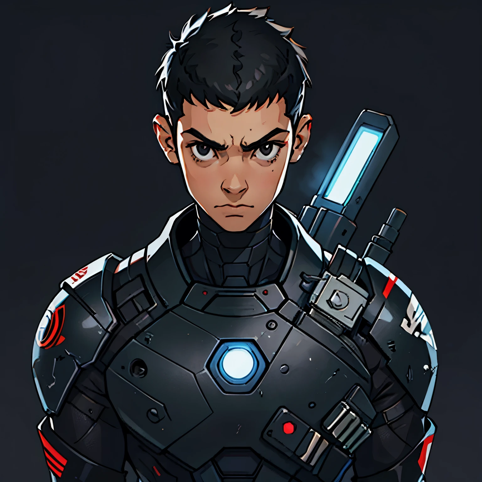 (Criminal 26 years old), (ugly), slim, black eyes, (very short hair 1.5), black hair, wears a black futuristic suit, (simple background)