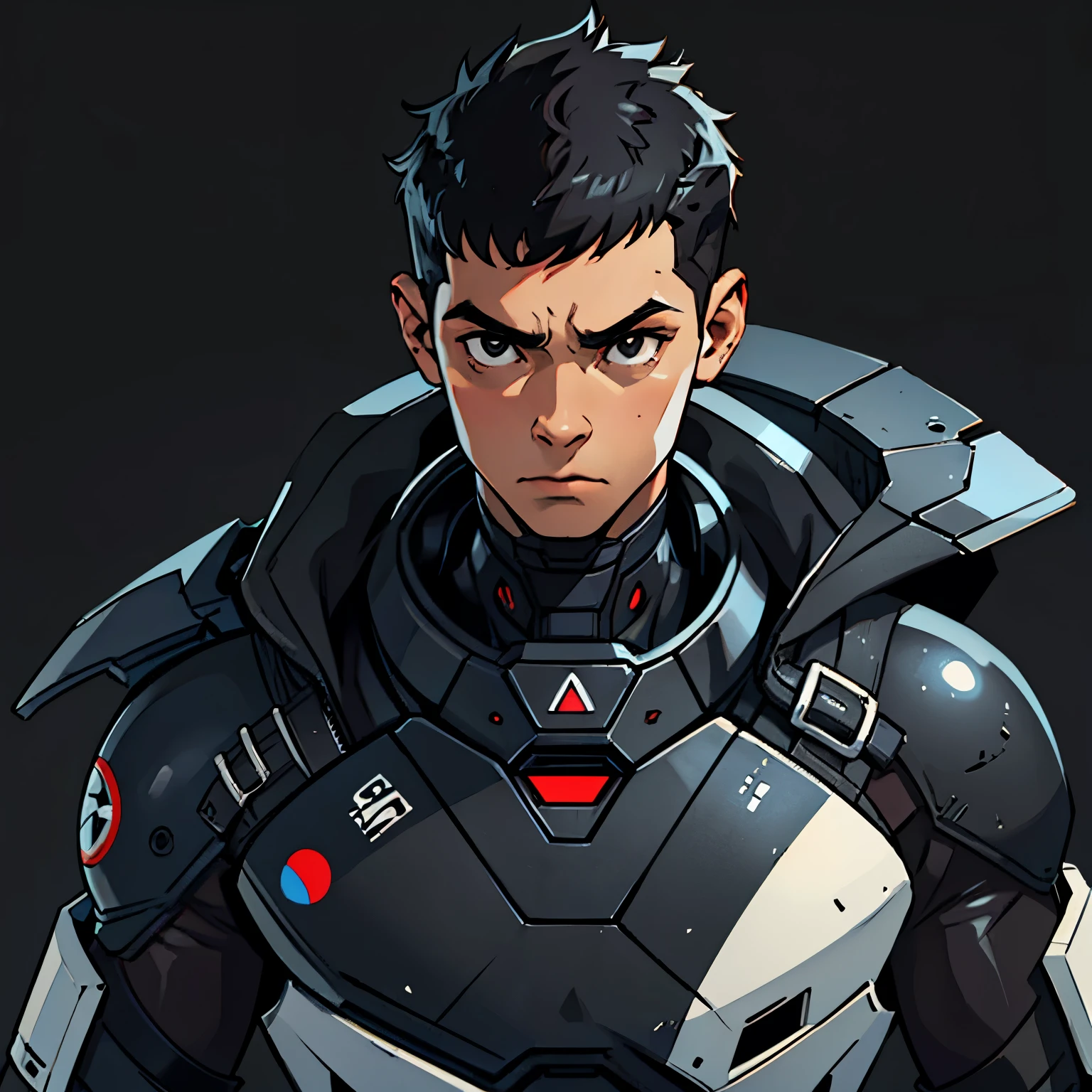 (Criminal 26 years old), (ugly), slim, black eyes, (very short hair 1.5), black hair, wears a black futuristic suit, (simple background)