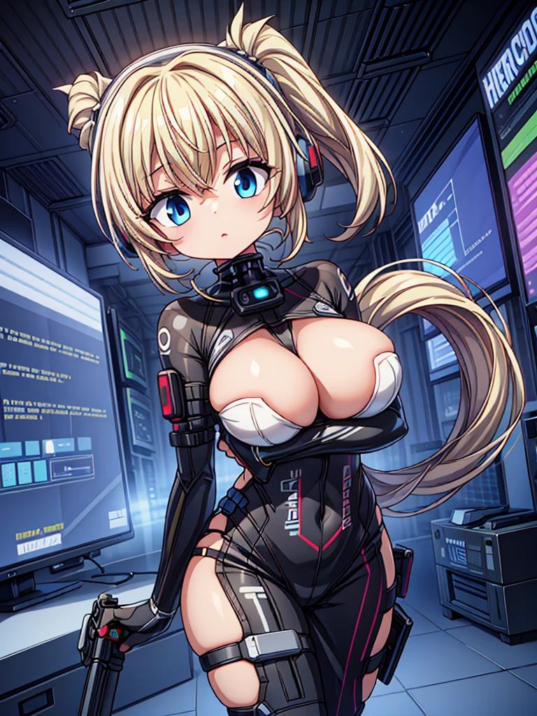 4K,hight resolution,One Woman,White blonde hair,poneyTail,head phone,Colossal tits,ninjartist,White Cybersuit,Cyberpunk Handgun,underground city