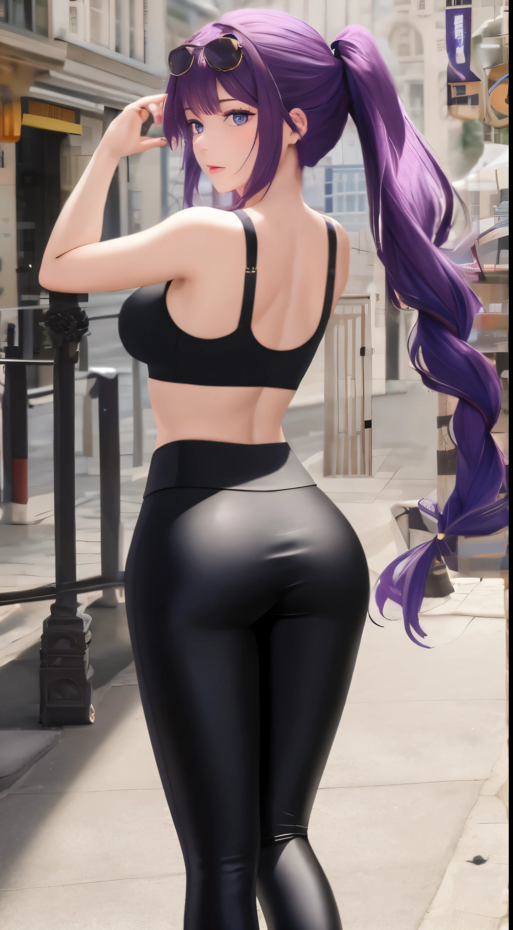 (masterpiece, best quality), high quality, absurdres, highres, ultra detailed, intricate, beautiful woman, 1girl, kafka \(honkai: star rail\), star-kafka, looking at viewer, from behind, looking back, ass, toned, sports bra, leggings, high-waist pants, yoga pants, ponytail, purple hair, purple eyes, sunglasses, hair between eyes, eyewear on head, outdoors,