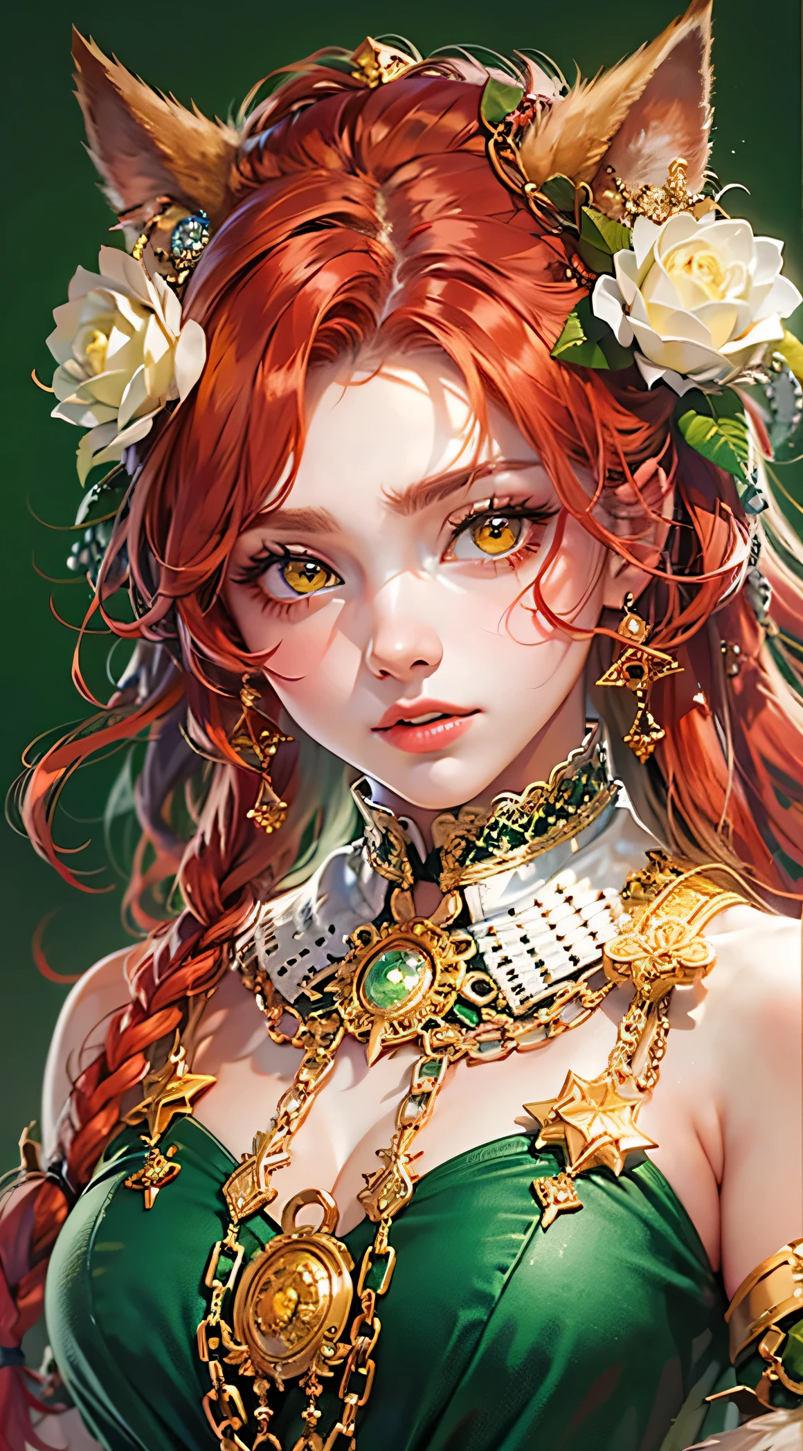 The Wolf Girl, red hair with white rose braids, Yellow eyes, wolf ears on the head, dressed in a satin emerald dress with many buttons..., stand-up collar, gold pendants with chains on the chest, Hairstyle from hair, graceful, overdetalization, Masterpiece, hyper realisitc, 4k? Full HD