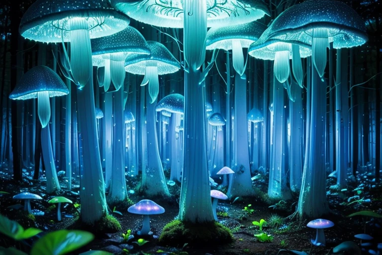 Best quality,A high resolution,ultra - detailed,(actual:1.37),Fluorescent mushrooms,Whole luminous transparent mushroom,Fantastical,Forest scene,Dewdrops,flash lights,soft mist,fluorescent light blue,emit bright light,transparency,enchanting atmosphere,The magic of nature,Surreal,HighDynamicRange,Focus sharp,bokeh