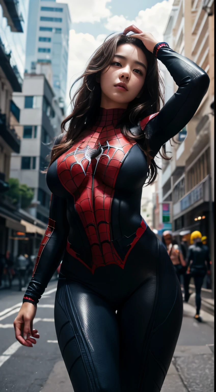 8k, high res, HQ, UHD, (photorealistic:1.4), masterpiece, hyper-realistic detailed photography of (beautiful korean girl as black spidey:1.3), 23 years old, (extreme pose:1.4, dynamic movement), (wonderful skyscape, clouds, cityview), slim fit body with a bit sweat, look at me, (huge boobs:1.3), sexypose, sagging breast, detailed body feature, proportional perfect body, petite posture, detailed perfect hand, good hand, clear bright skin, lustly look, symmetricaly face, perfect face feature, detailed face, Intricate detailed grey blue eyes, seductive smile, detailed perfect lips, sensual lips, detailed long brunette hair, messy style with bang, perfect composition, dynamic lighting, summer atmosphere, natural blue colors, seen from below, (focus on face:1.2), dramatic lighting, photon mapping
