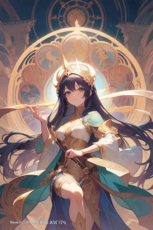 arafed image of a man with a star sword in he hands, alphonse mucha and rossdraws, mucha style 4k, artgerm mucha, korean art nouveau anime, portrait knights of zodiac girl, goddess. extremely high detail, anime fantasy illustration, detailed digital anime art, gorgeous goddess of leo, anime art nouveau, talor liner, stick liner, clear line. perfect post leg and shose. backgourd no face. red gold outfit,