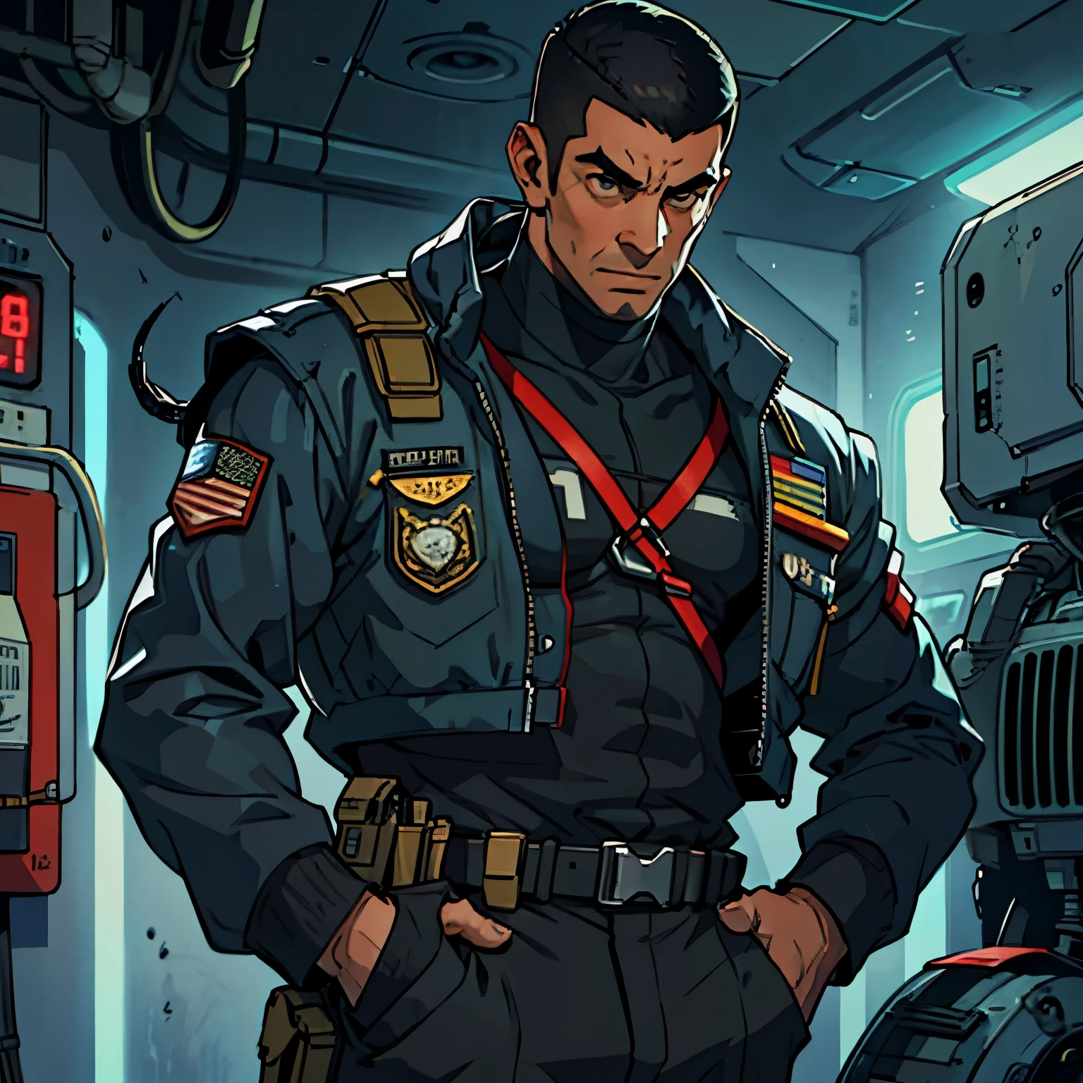 Criminal with a military haircut, black hair, ugly, without a tooth, old. He wears a futuristic suit