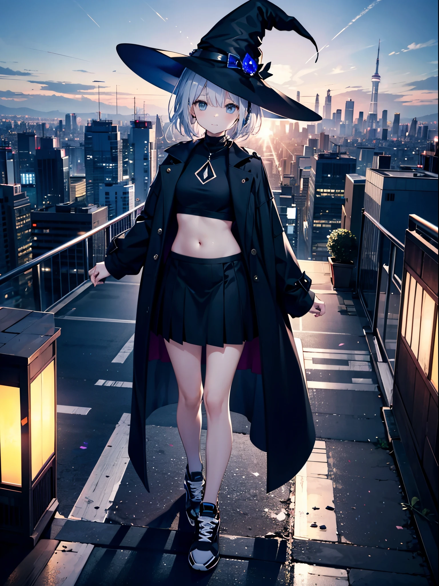 A girl stands on the rooftop of a high-rise building with a panoramic view of late-night Tokyo below.、She has a short bob with a white lob of hair and wears a large black witch hat with sapphire jewelry.、A high school student wearing a navy blue bikini-type swimsuit with a white ribbon、She wears a large witch's hat with a small sapphire accessory、A few star creams、Beautiful starry sky、Beautiful night view、large witch's hat 、Navy blue bikini pants that dig into your stomach、Small breasts、Small breasts、Navy blue swimsuit top with white frills、I see my stomach、The area around the stomach is bare skin.、Belly button、Halterneck bikini、She is wearing hot pants