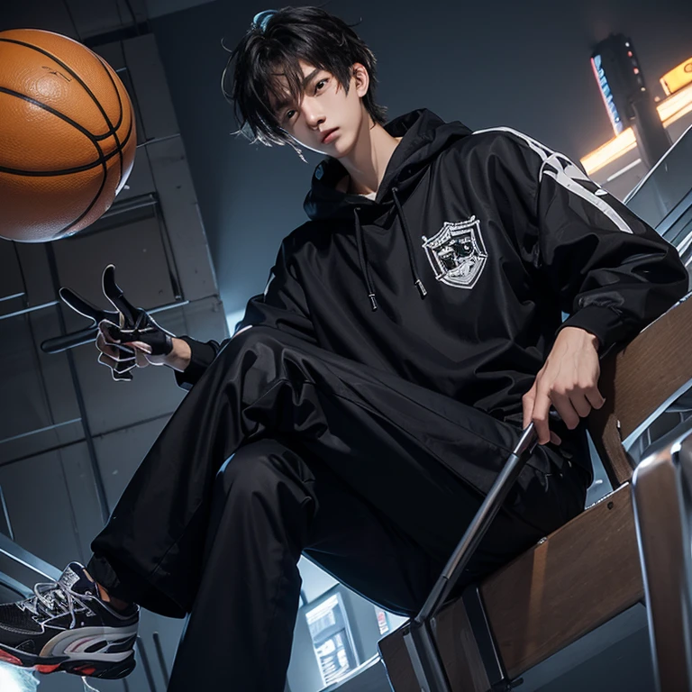 1 Korean Youth,male people,20yr old,tall,Height 180 cm,Hair is medium length,Black sweatshirt,black long pants,White high top basketball shoes,sitted,Point to Shoeadass anime 4k ,POV perspective,arrogant,Cold,looking at the camera in