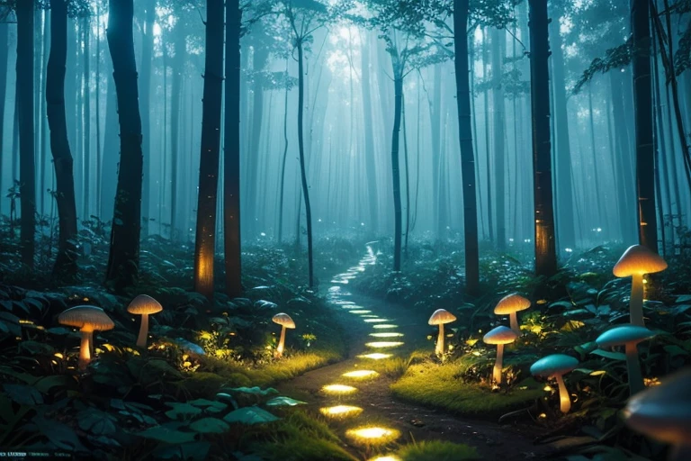 Maze path, Best quality,A high resolution,ultra - detailed,(actual:1.37),Fluorescent mushrooms,Whole luminous transparent mushroom,Fantastical,Forest scene,Dewdrops,flash lights,soft mist,fluorescent light blue,emit bright light,transparency,enchanting atmosphere,The magic of nature,Surreal,HighDynamicRange,Focus sharp,bokeh
