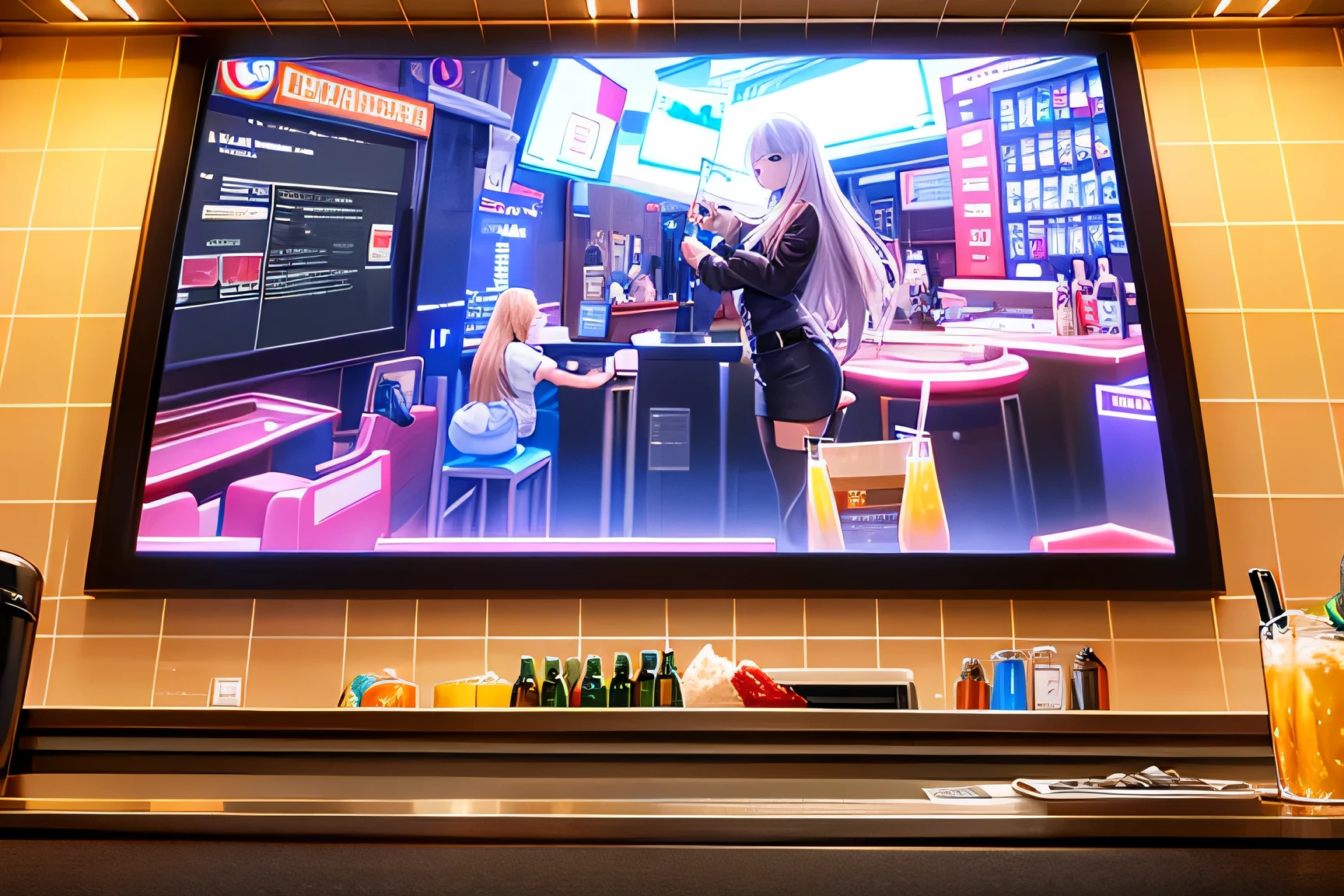 Background Story, front view of the counter of a futuristic american bar, com amostra de bebidas na parede, a giant television screen on the left