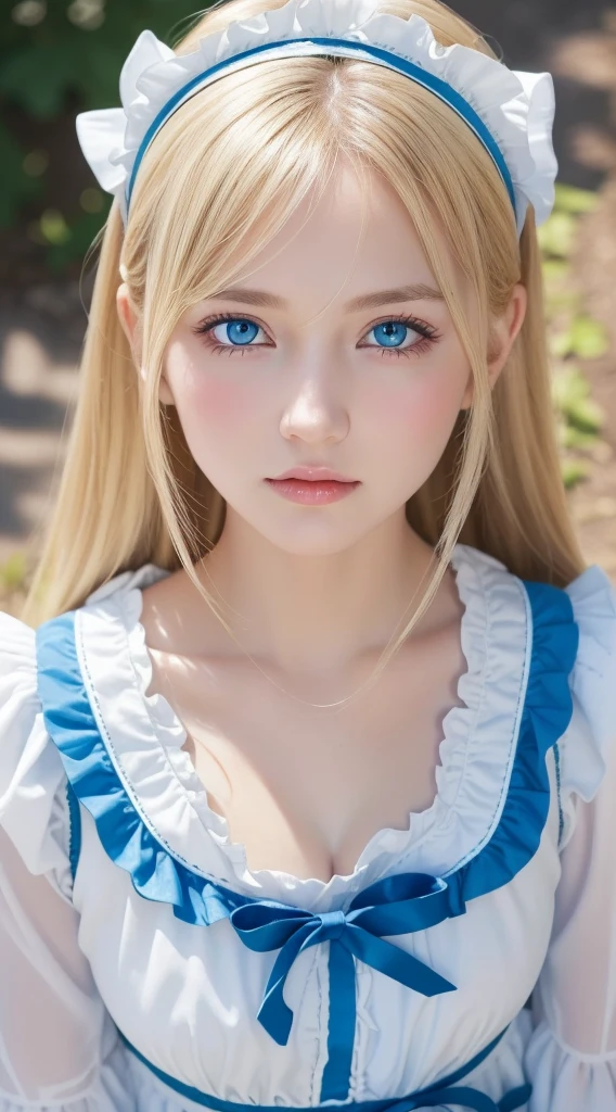 A beautiful girl with very beautiful bright blonde hair and bright light blue eyes.、masutepiece, Best Quality, Illustration, Ultra-detailed, finely detail, hight resolution, 8K Wallpaper, Very beautiful shiny super long hair、Very big shining light blue eyes、Perfect dynamic composition, ((close up:1.3, From  above, look at viewr)), Beautiful detailed bright light blue eyes , (Wearing a cotton maid costume, , Cute Frill Girl Dresses, maid headband, White the、brack、Blue color base), hair over eyes、片hair over eyes、hair between eye、Gloss Face、Teak Gloss、cheek highlights