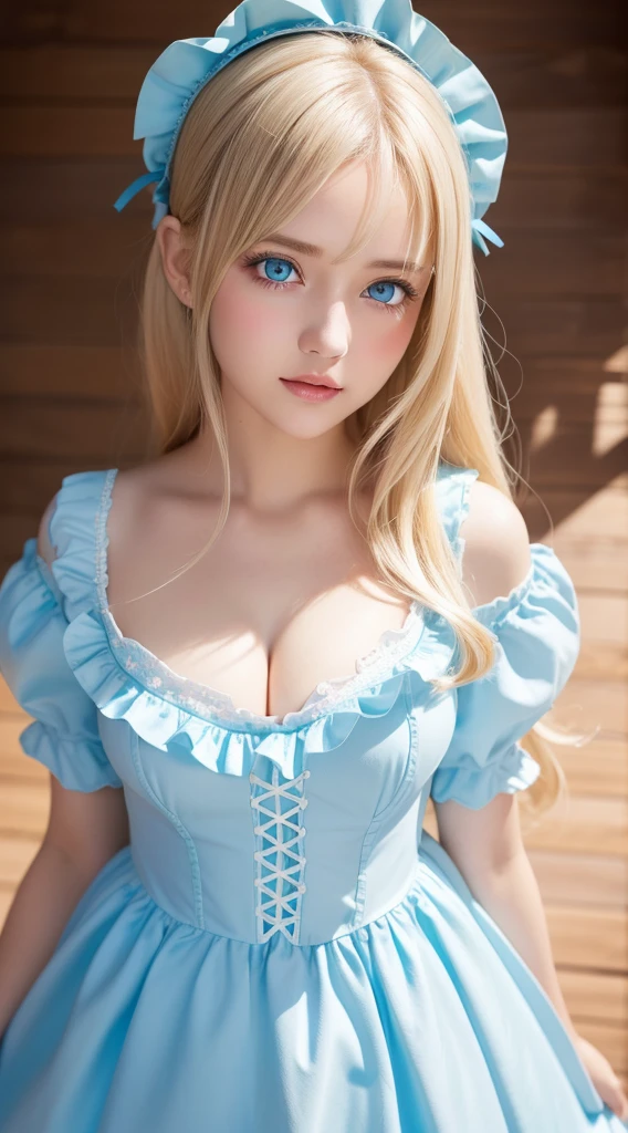 A beautiful girl with very beautiful bright blonde hair and bright light blue eyes.、masutepiece, Best Quality, Illustration, Ultra-detailed, finely detail, hight resolution, 8K Wallpaper, Very beautiful shiny super long hair、Very big shining light blue eyes、Perfect dynamic composition, ((close up:1.3, From above, look at viewr)), Beautiful detailed bright light blue eyes , (Wearing a cotton maid costume, , Cute Frill Girl Dresses, maid headband, White the、brack、Blue color base), hair over eyes、片hair over eyes、hair between eye、Gloss Face、Teak Gloss、cheek highlights