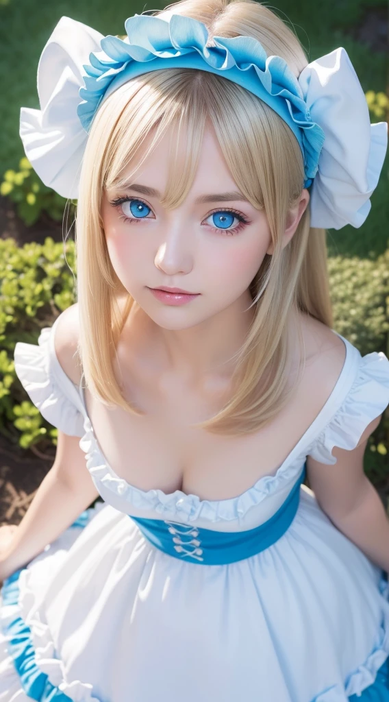 A beautiful girl with very beautiful bright blonde hair and bright light blue eyes.、masutepiece, Best Quality, Illustration, Ultra-detailed, finely detail, hight resolution, 8K Wallpaper, Very beautiful shiny super long hair、Very big shining light blue eyes、Perfect dynamic composition, ((close up:1.3, From above, look at viewr)), Beautiful detailed bright light blue eyes , (Wearing a cotton maid costume, , Cute Frill Girl Dresses, maid headband, White the、brack、Blue color base), hair over eyes、片hair over eyes、hair between eye、Gloss Face、Teak Gloss、cheek highlights