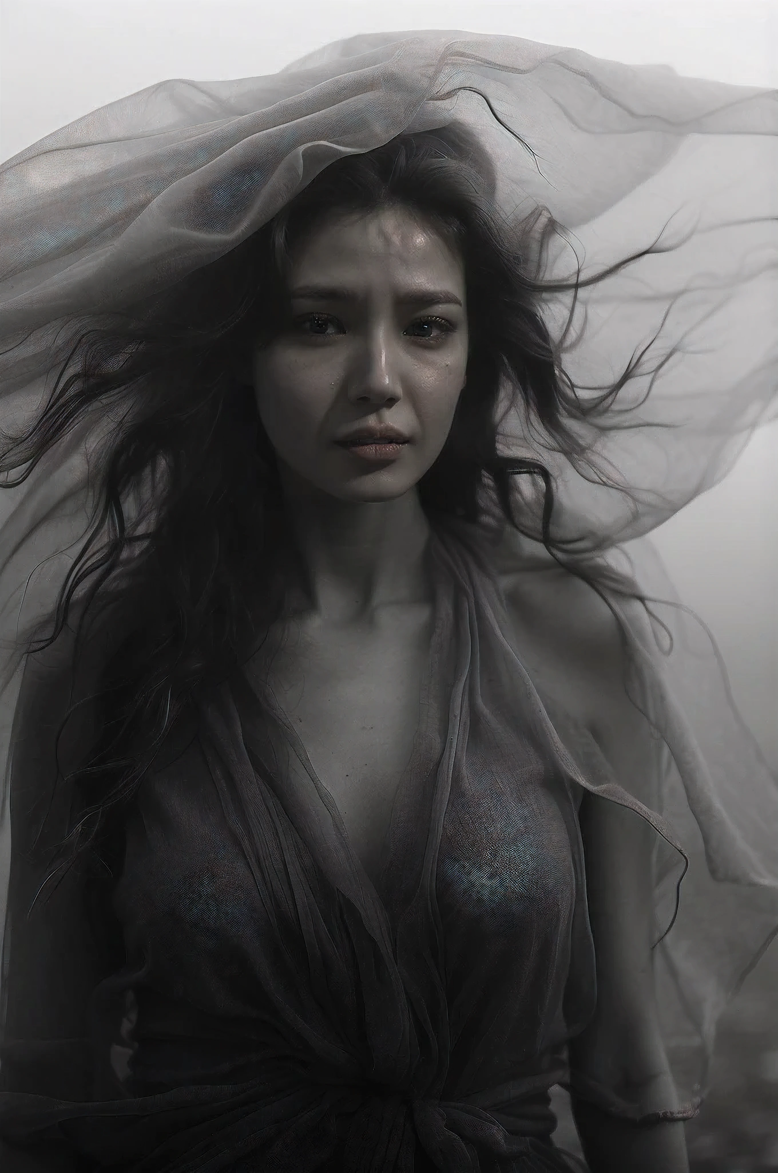 Beautiful asian woman with mouth closed, black and white image, Her eyes shone like dreamy stars, glowing eyes, beautiful and detailed eyes, RAW photo,(high detailed skin:1), (realistic, photo-realistic:1.40), ultra high resolution, professional lighting , 8k uhd, dslr , high quality, film grain, Fujifilm XT3, RAW photo,, RAW photo,(high detailed skin:1), (realistic, photo-realistic:1.40), ultra high resolution, professional lighting , 8k uhd, dslr , high quality, film grain, Fujifilm XT3, RAW photo