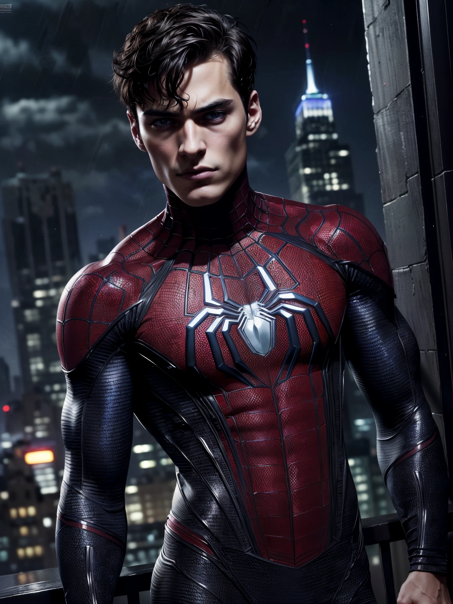 masterpiece, best quality, ultra-detailed, high resolution, extremely detailed, (full body shot:1.ortrait of a 18 year old of a masculine male model, strong jaw line, young handsome man square face shape, with a blue eyes, messy short dark hair, wavy hair, (muscular:1.3), muscular chest, fit body, dark but detailed digital art, wearing a tight spider-man suit, tight fit spider man suit, spider man gloves, rooftop in NYC, detailed digital painting, detailed fanart, handsome guy slayer art, high detailed, digital painting, detailed portrait, inspired by Alexis Grimou, hyper detail portrait, dark atmosphere, (dark night:1.4),